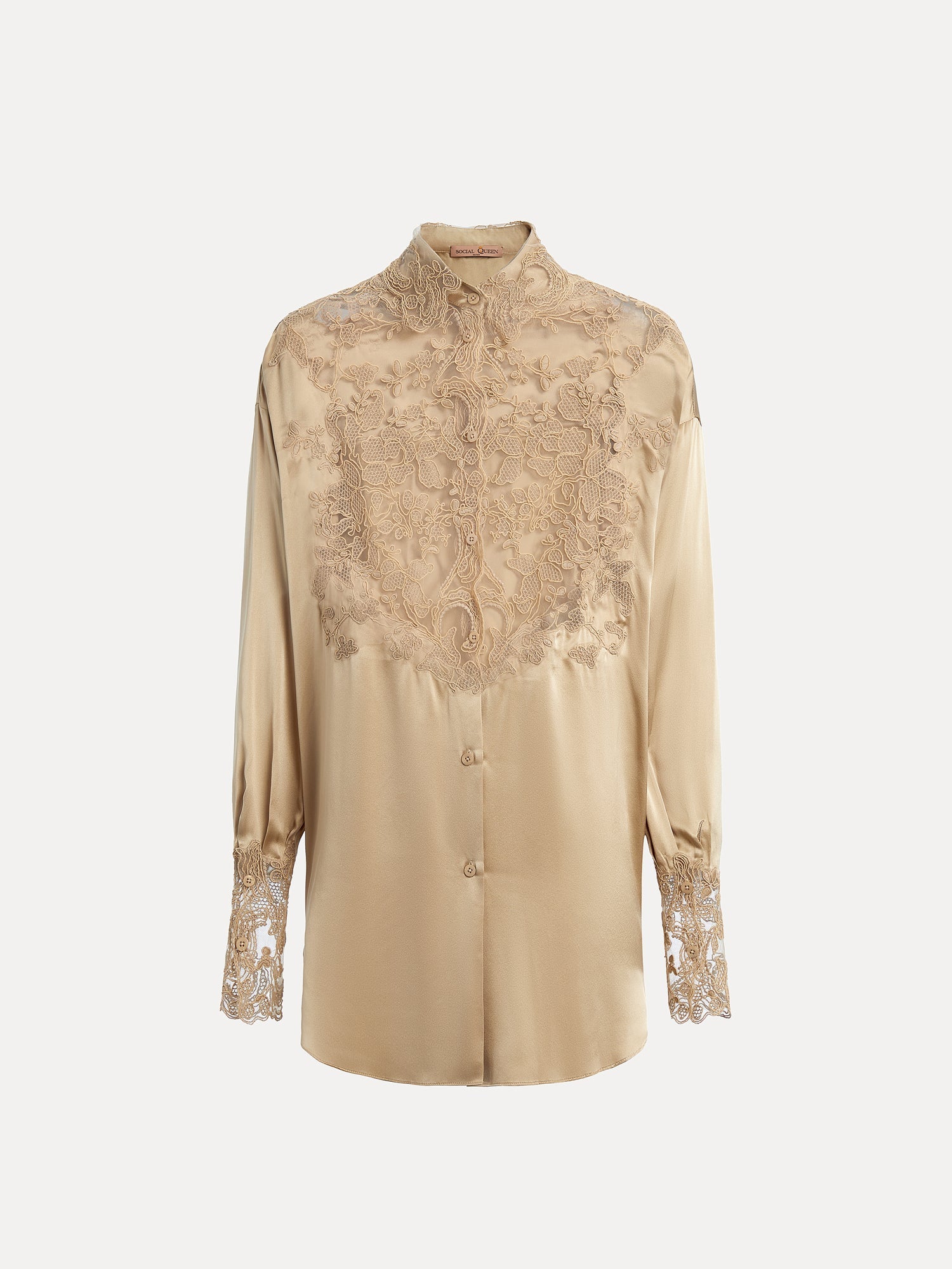 The Social Queen 100% Silk Embroidered Lace Satin Blouse features a satin finish, hand-embroidered lace on the chest, collar, and cuffs, plus a front button closure.
