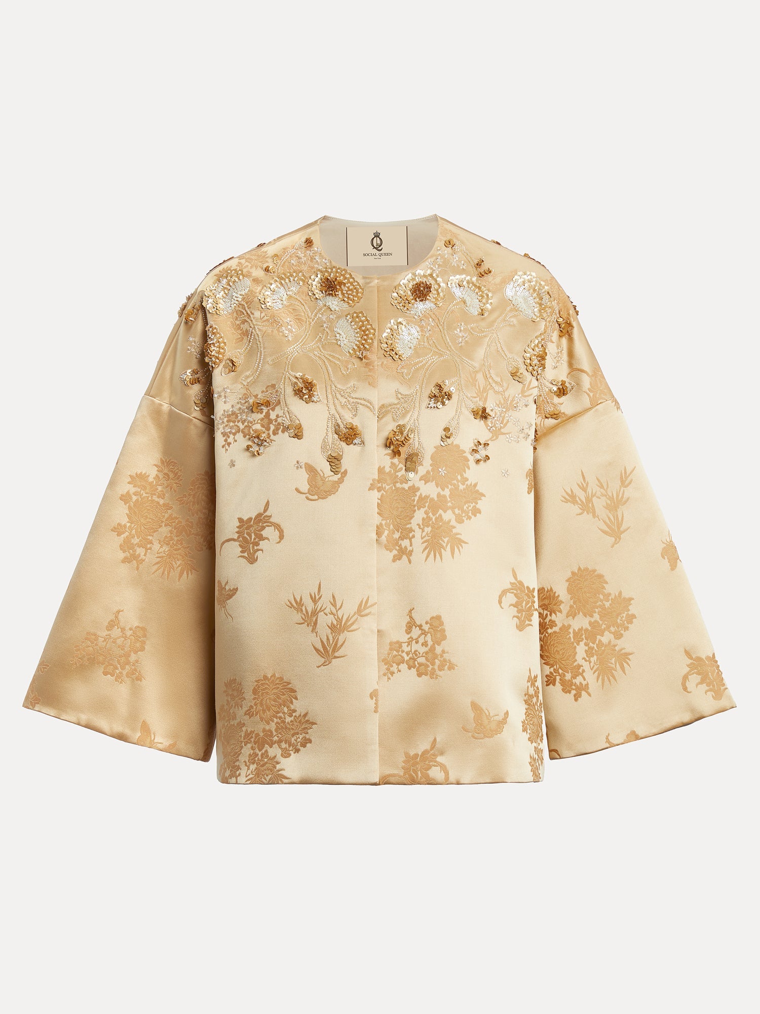 The Social Queen 100% Silk Floral Embroidered Satin Jacket features wide sleeves, bird and floral patterns, sequin accents on the shoulders and chest, and detailed 3D bead embellishments.