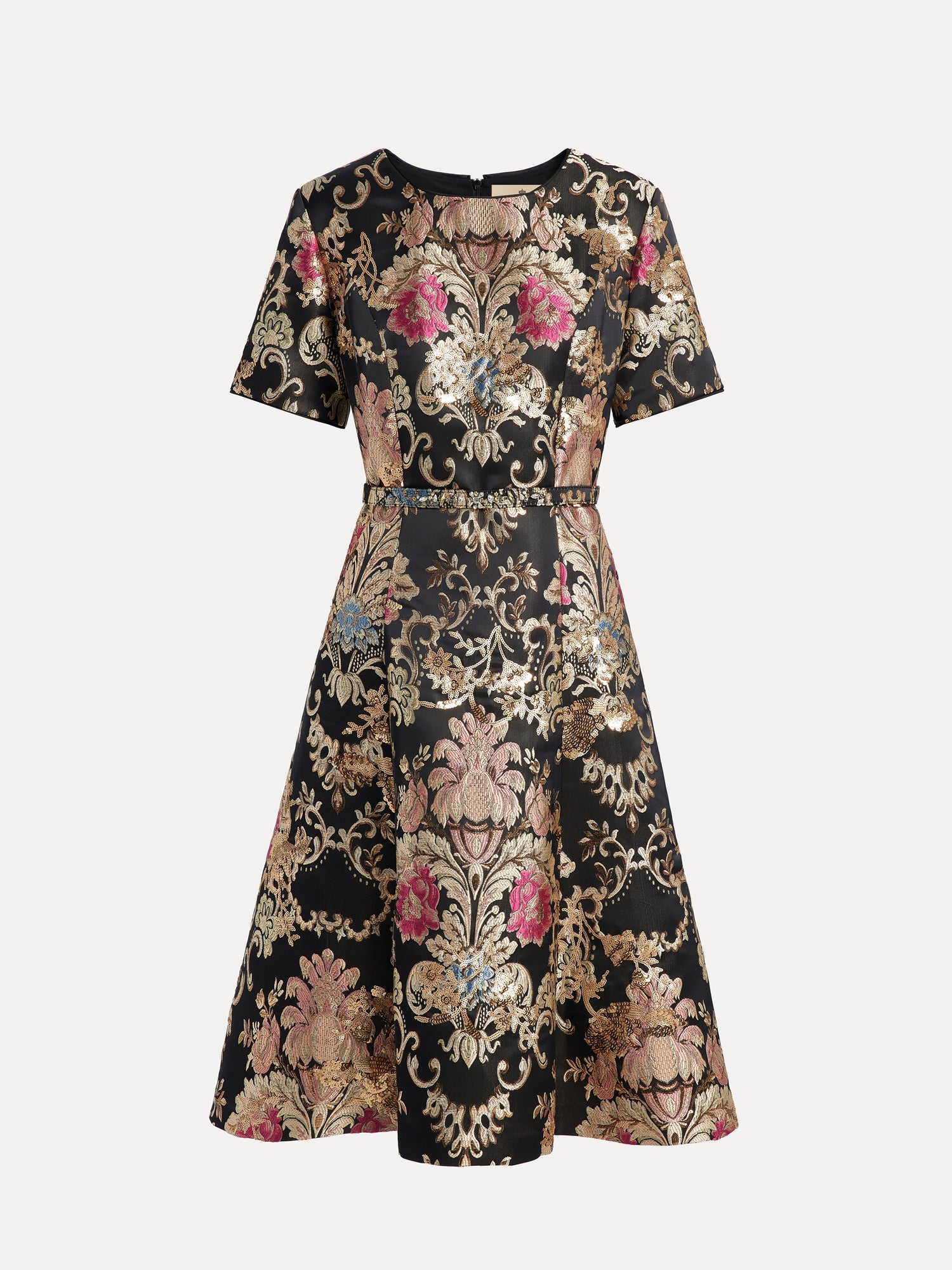 The Social Queen 100% Silk Jacquard Satin Dress features gold embroidered floral accents and a pink vintage-inspired brocade pattern in a knee-length, short-sleeve design.