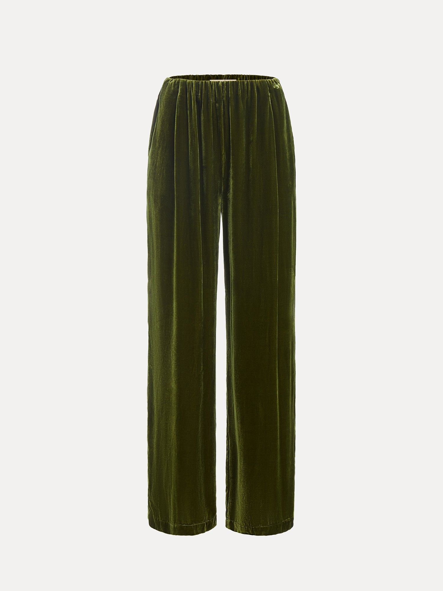 The Social Queen 100% Silk Velvet Wide-Leg Pants feature a vintage-inspired high-waisted design in olive green with an elastic waistband, shown against a plain white background.