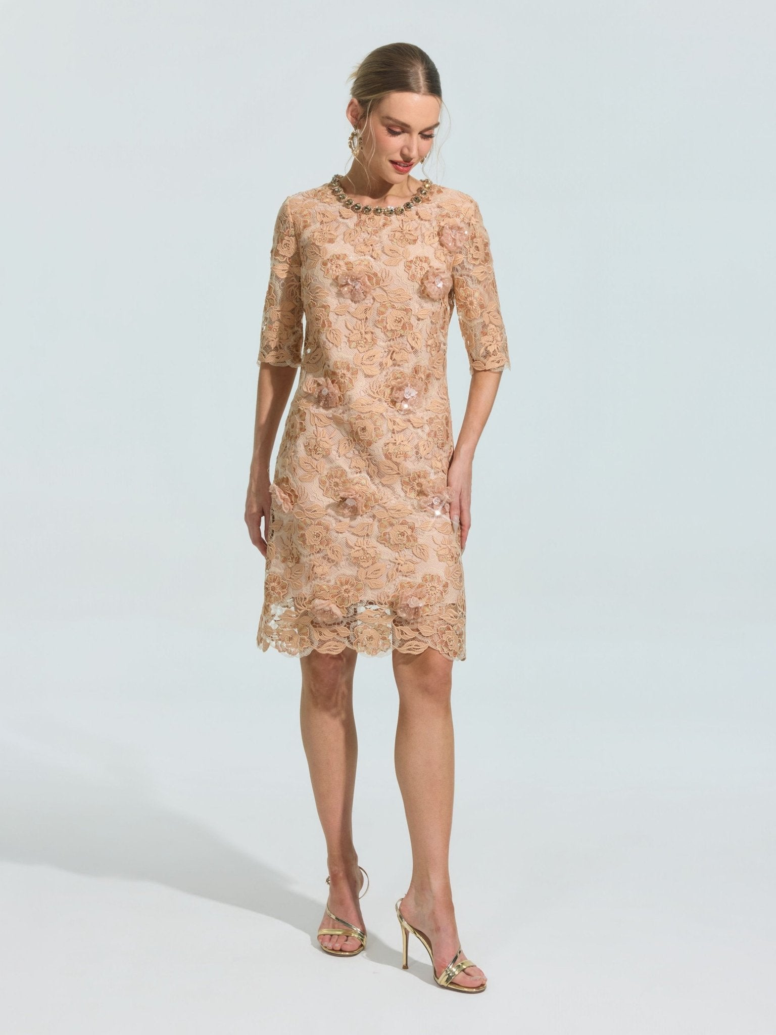 3D Floral Appliqué Lace Shift Dress - Social Queen