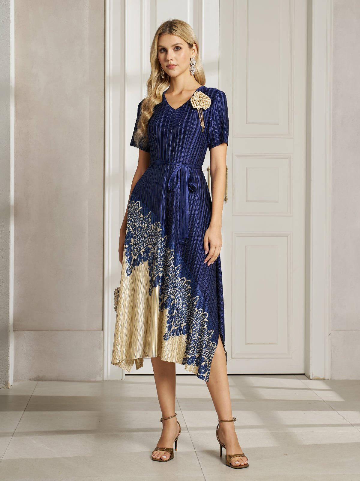3D Floral Plissé Satin Lace-Print Dress Black / OS