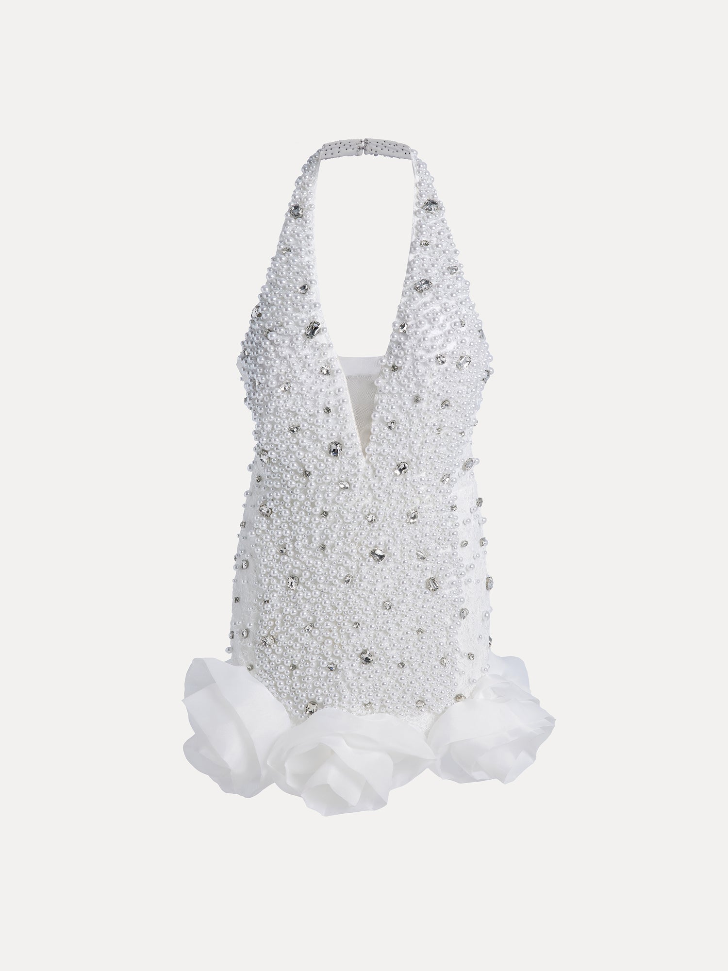 Pearl-Crystal Embellished Floral Hem Mini Dress