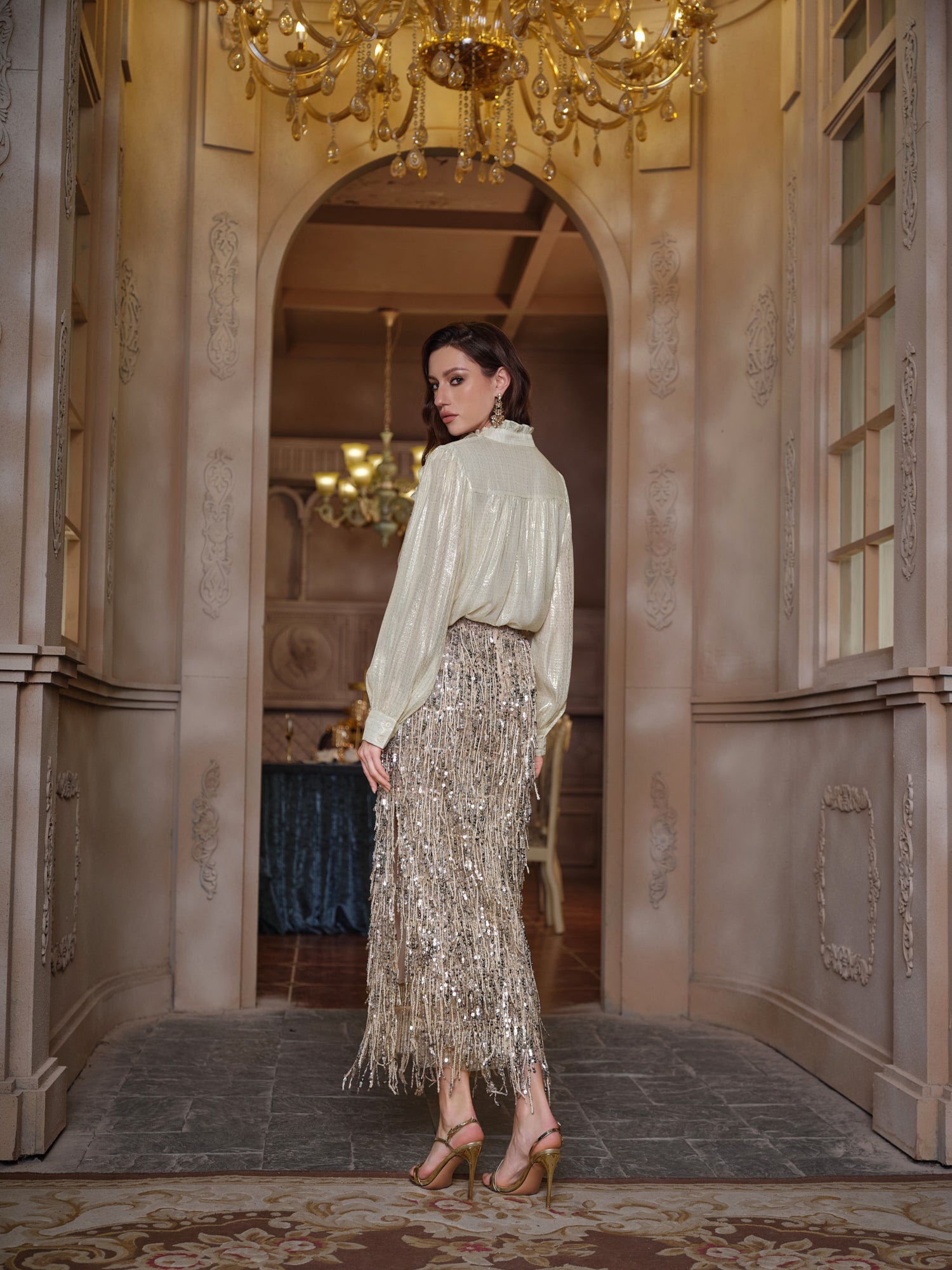 Sequin Fringe Side-Slit Midi Skirt