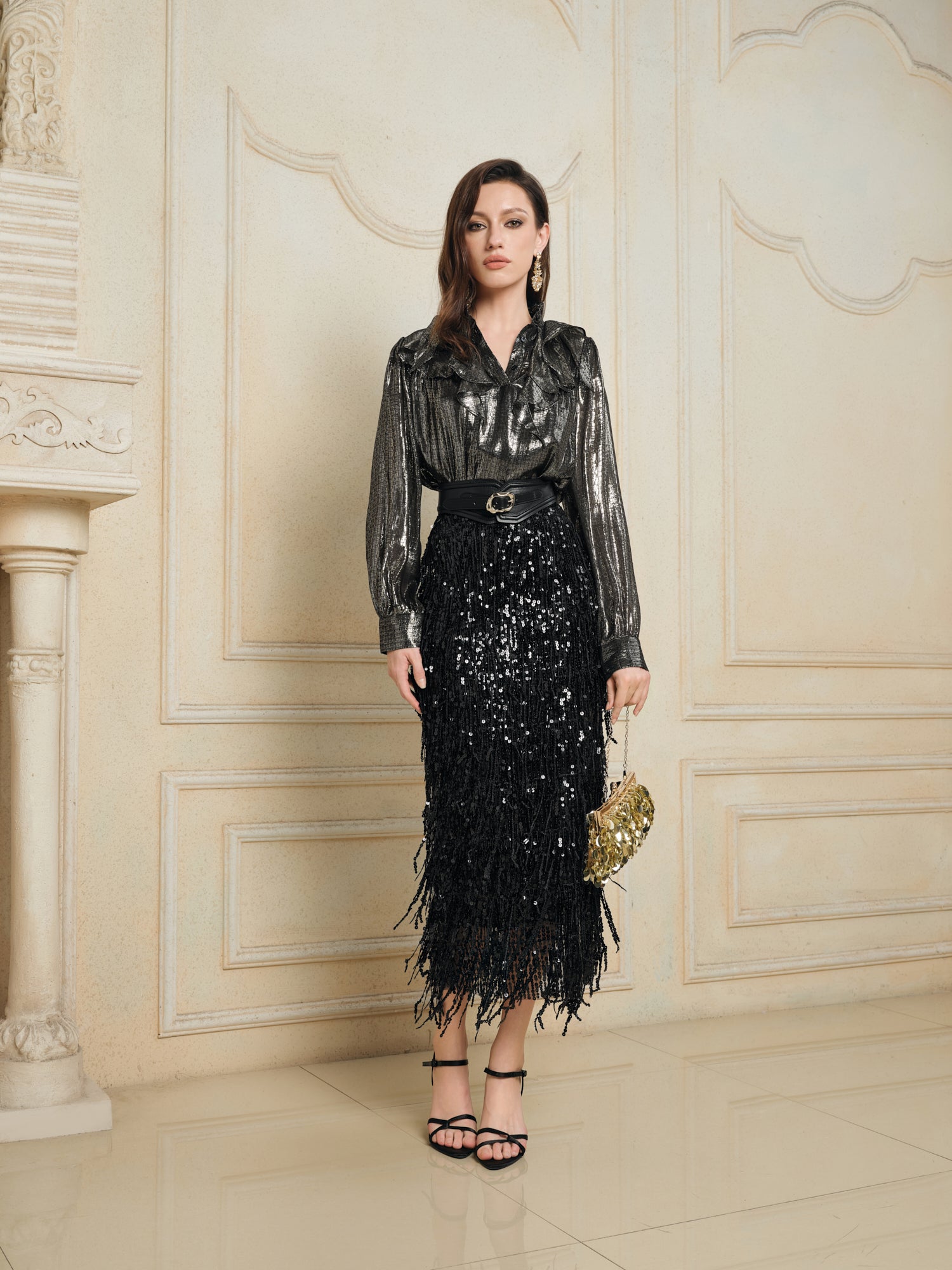 Sequin Fringe Side-Slit Midi Skirt