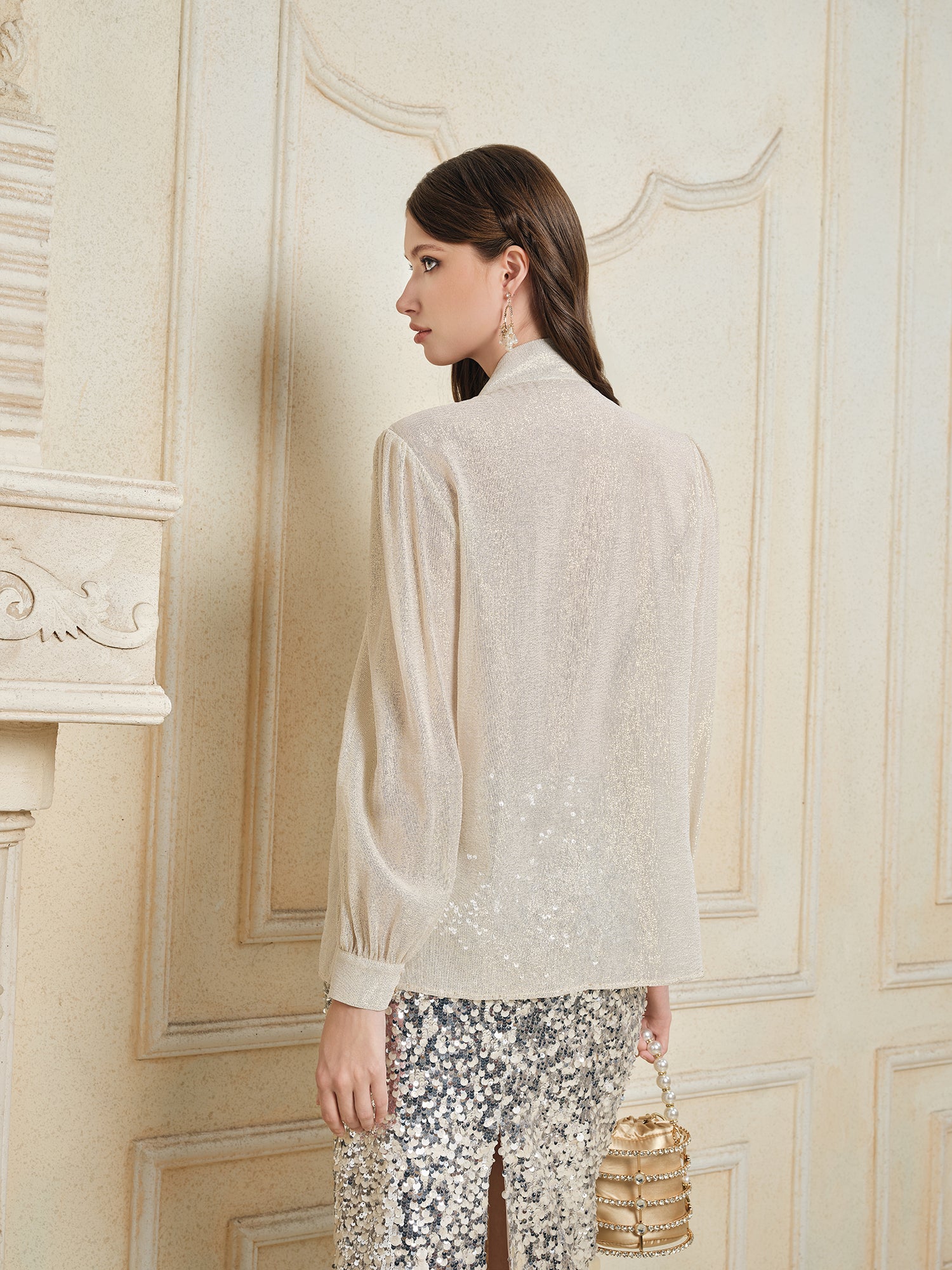 Golden Ribbon-Tie Blouse