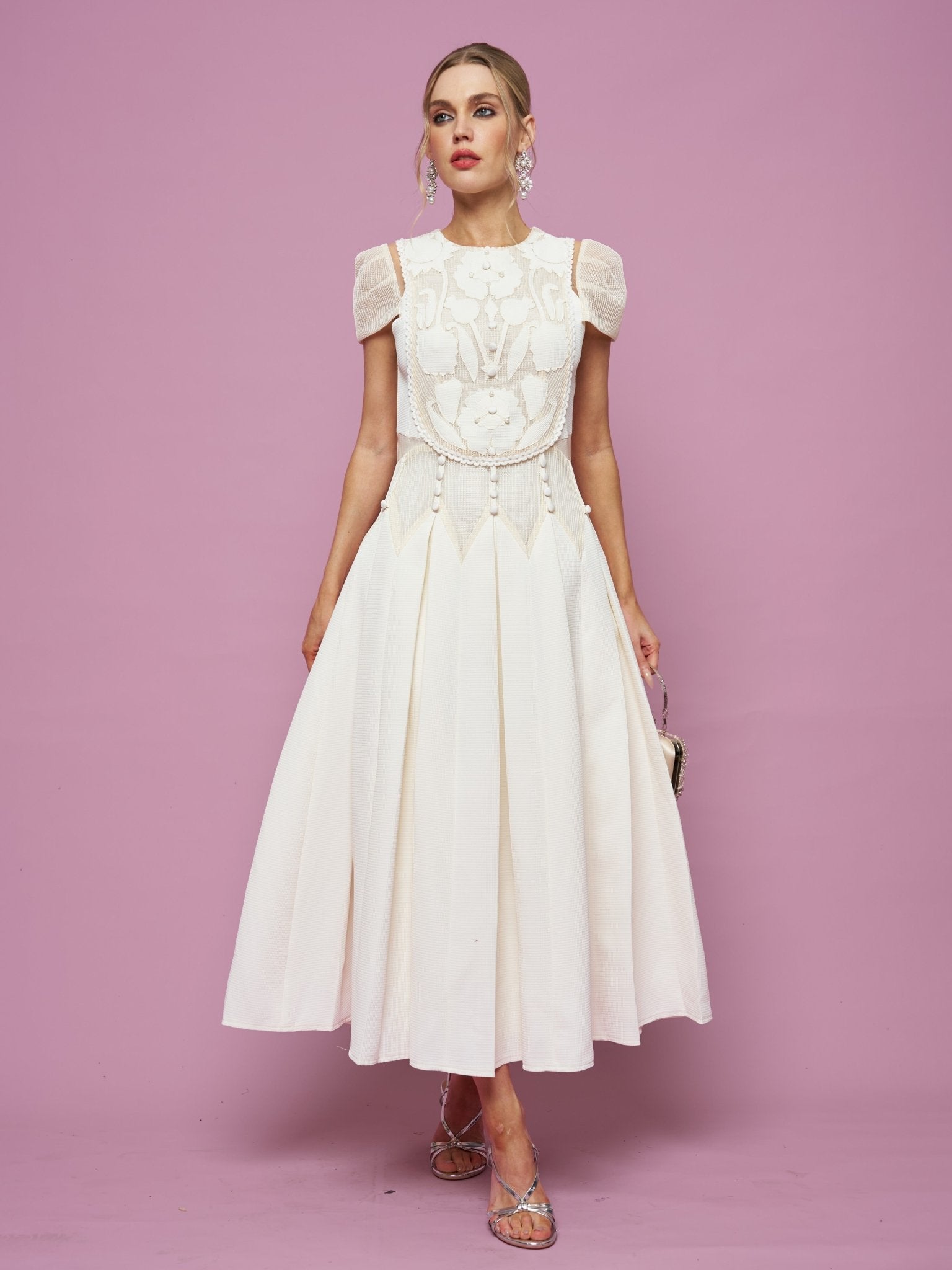 Appliqué Pearl Waffle Mesh Dress BEIGE White / L
