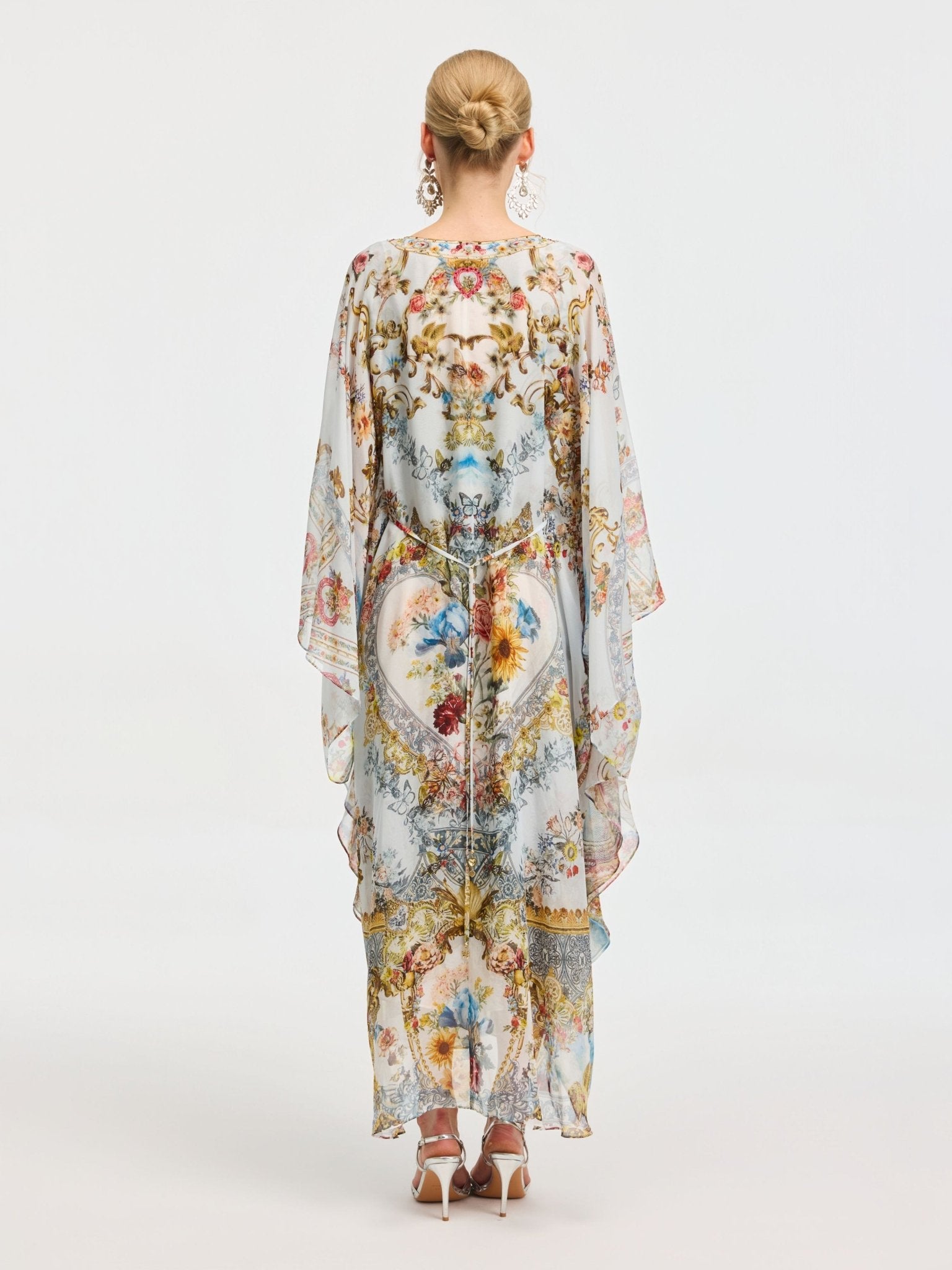 Baroque Floral Print Silk Caftan Dress - Social Queen
