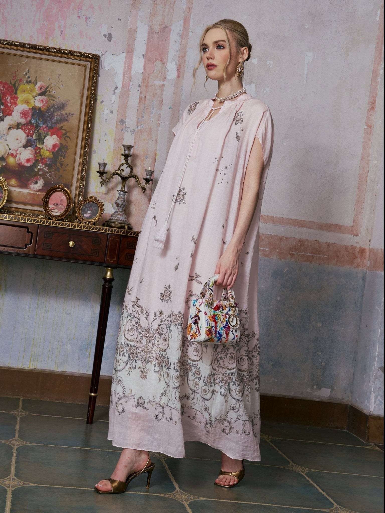 Baroque Garden Print Ramie Dress (Includes Slip Dress) - Social Queen