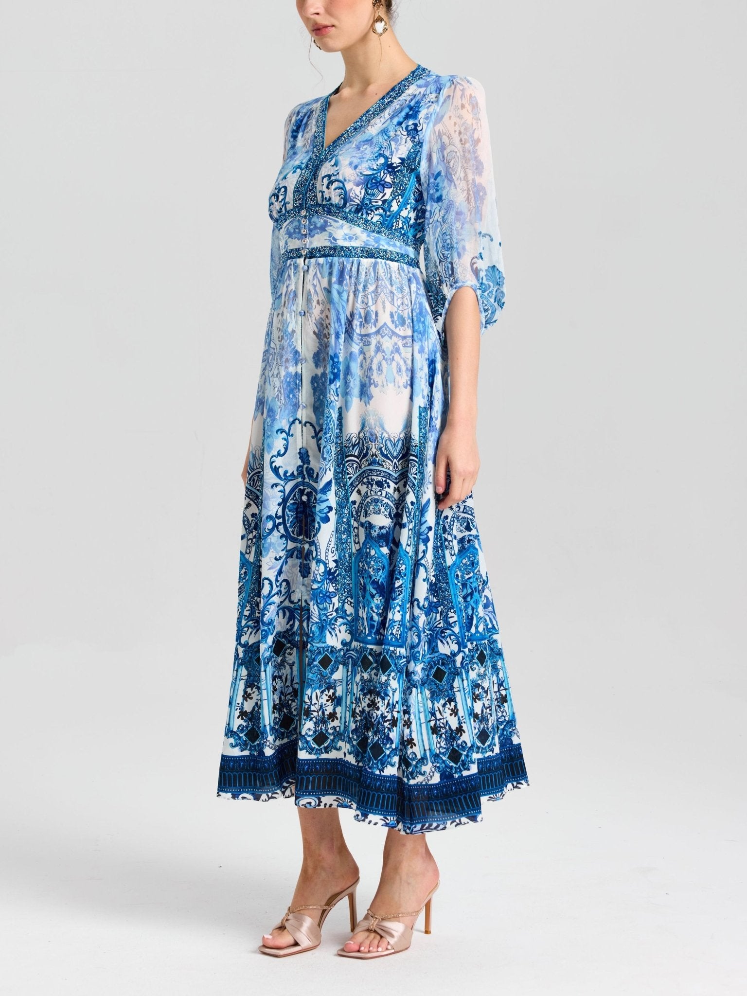 Baroque Placement Print Silk Dress - Social Queen