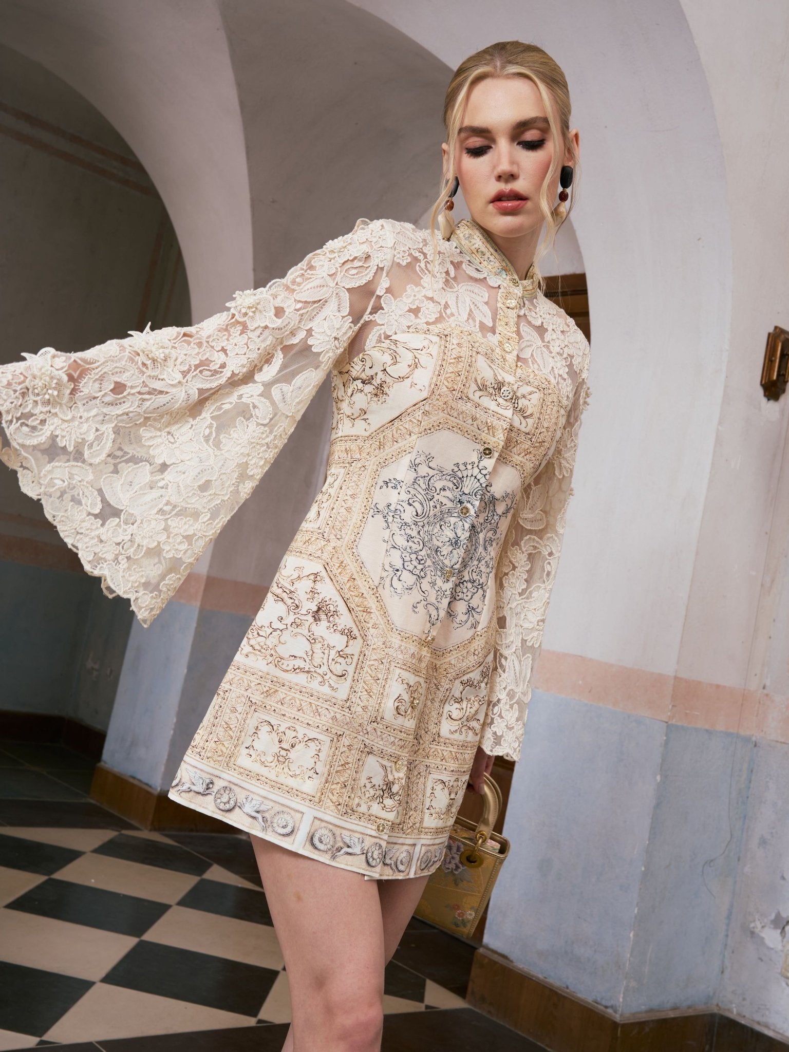Baroque Print Floral Appliqué Dress - Social Queen