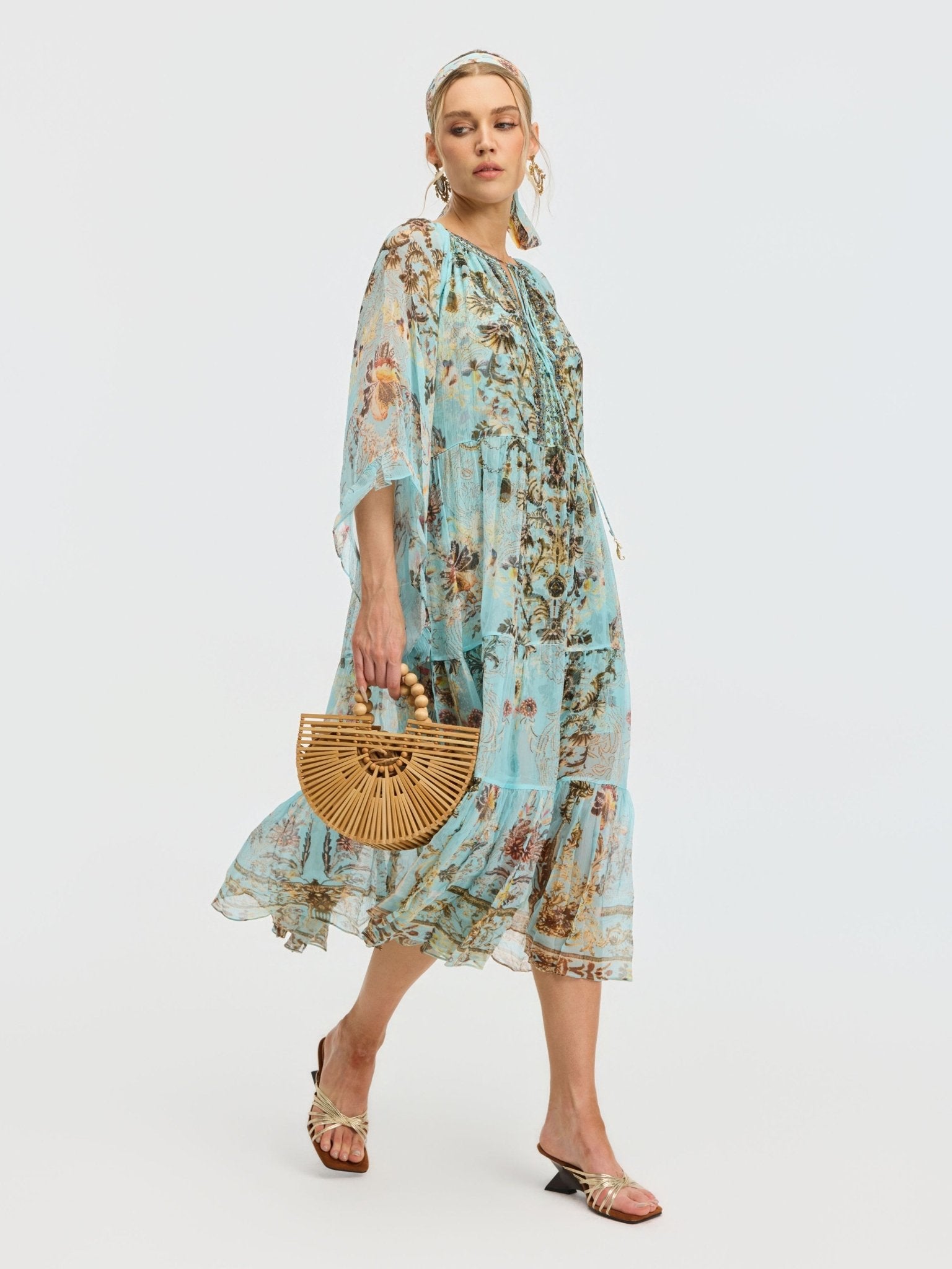 Baroque Print Mulberry Silk Dress (Scarf Included) - Social Queen