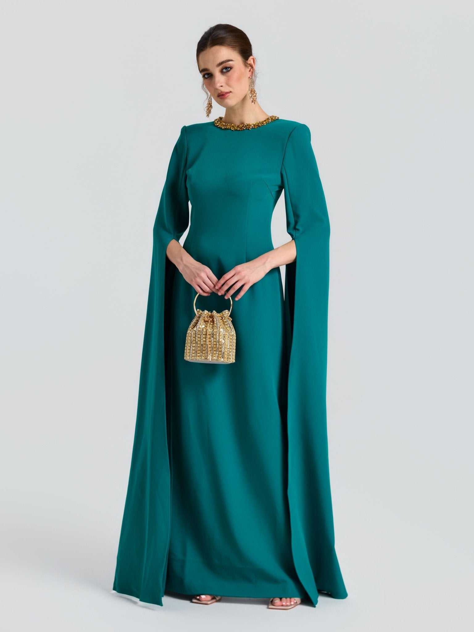 Beaded Cape Sleeve A-Line Gown - Social Queen