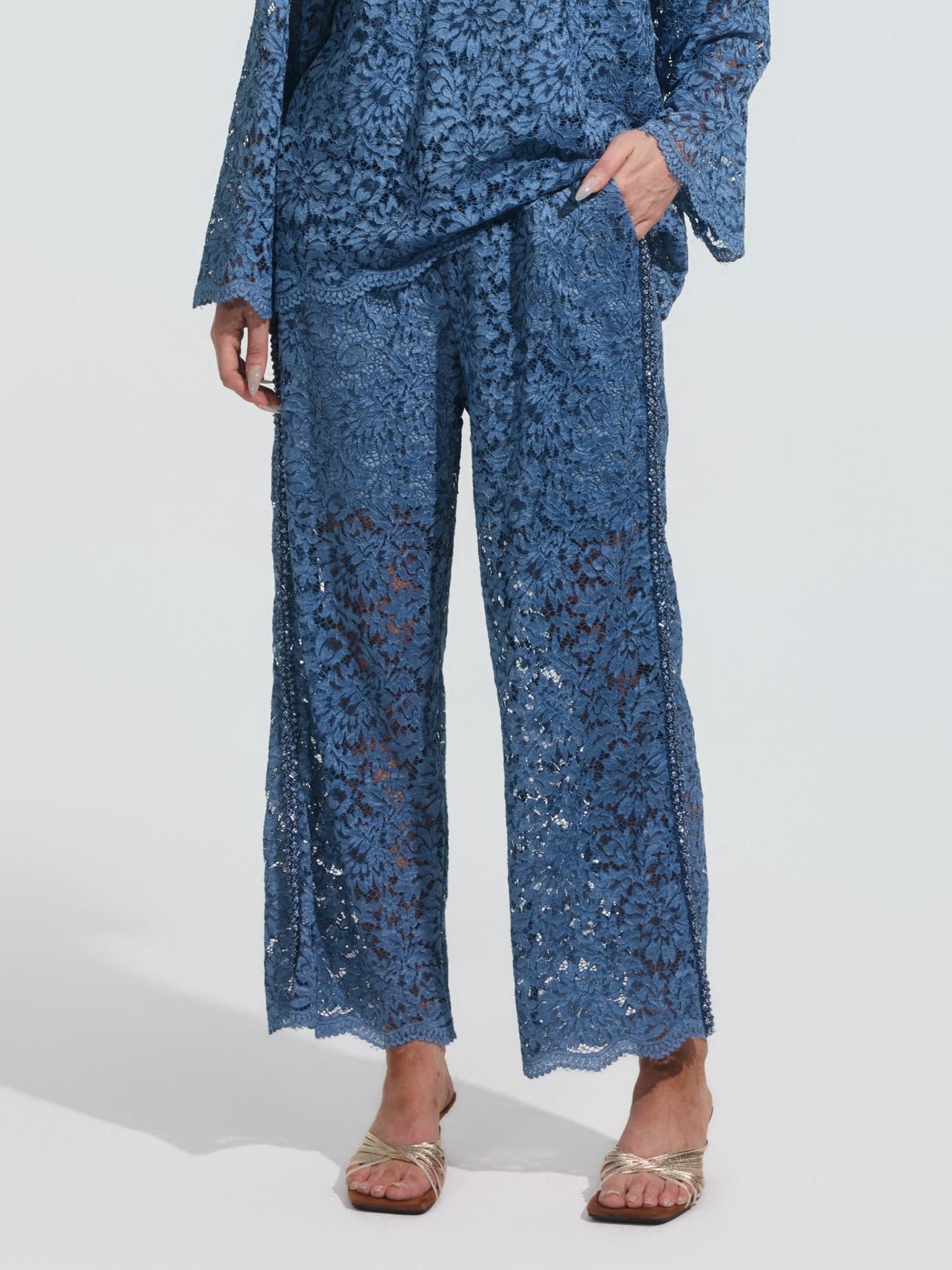 Beaded Cutwork Lace Wide-Leg Pants - Social Queen
