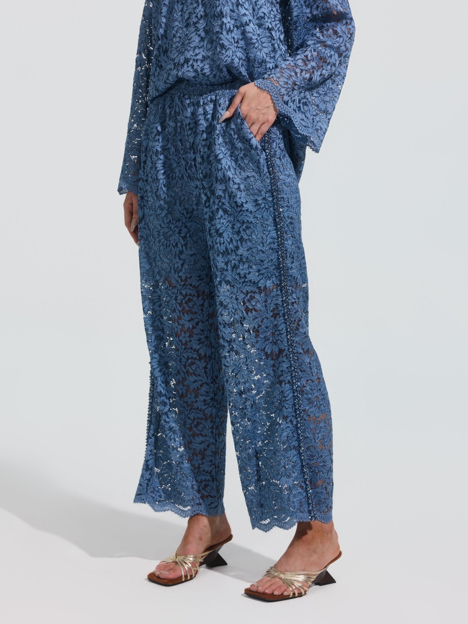 Beaded Cutwork Lace Wide-Leg Pants - Social Queen
