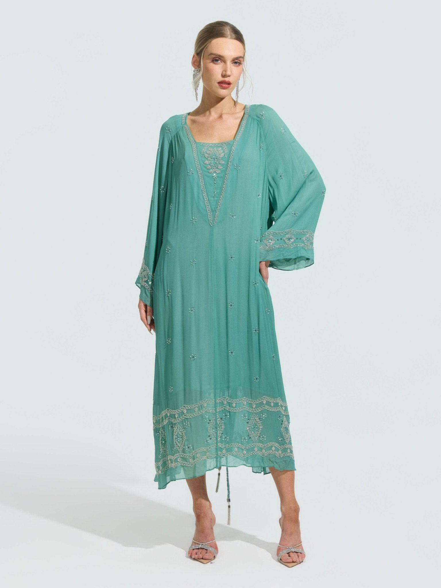 Beaded Embroidered Mulberry Silk Dress - Social Queen