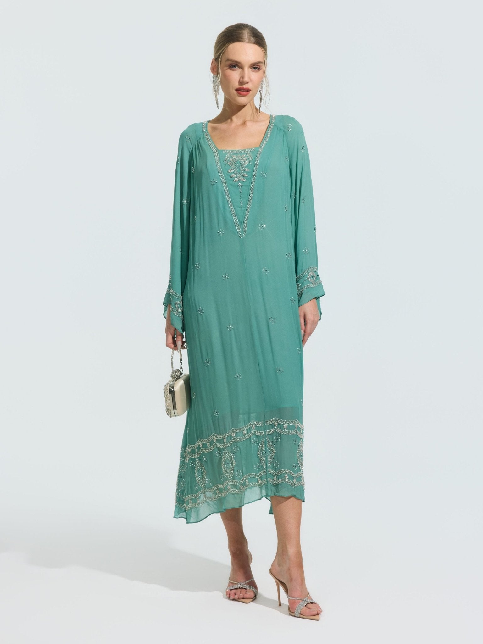Beaded Embroidered Mulberry Silk Dress - Social Queen