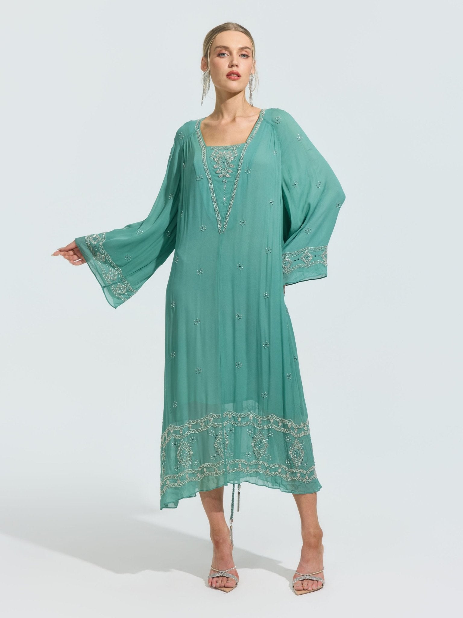 Beaded Embroidered Mulberry Silk Dress - Social Queen