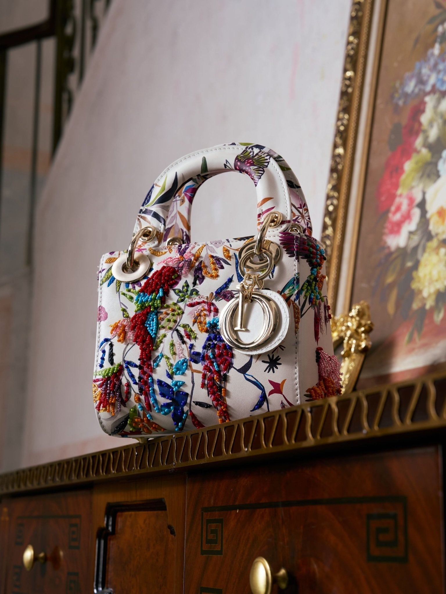 Beaded Floral Embroidered Leather Top Handle Bag - Social Queen