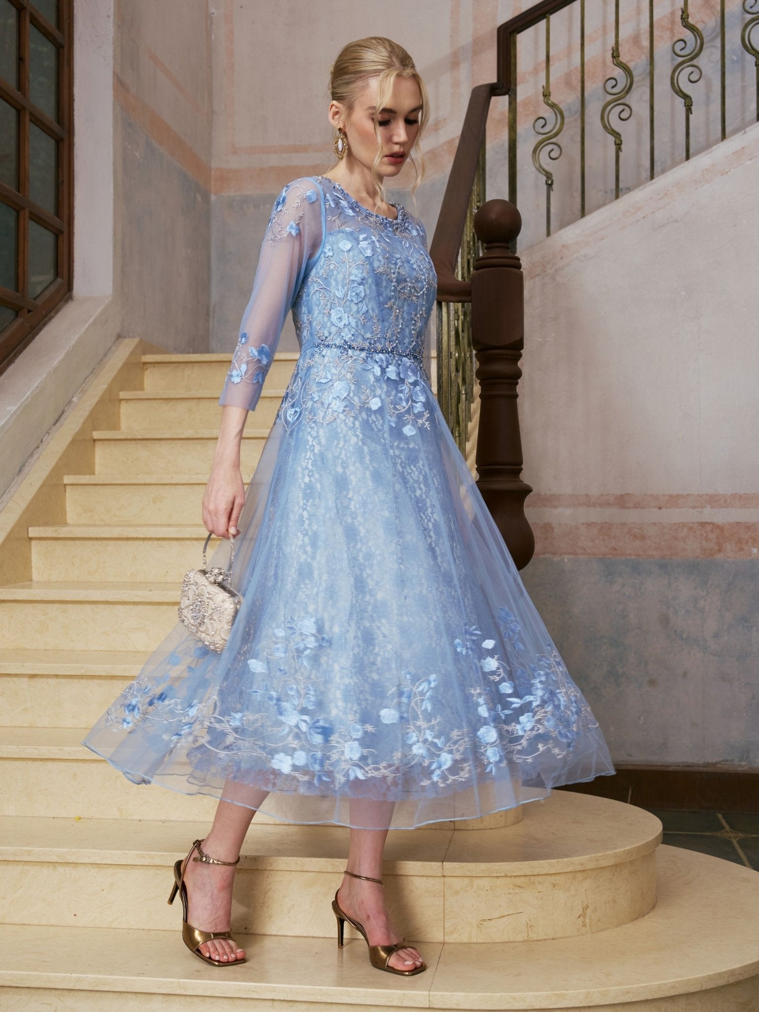 Beaded Floral Embroidered Mesh Dress