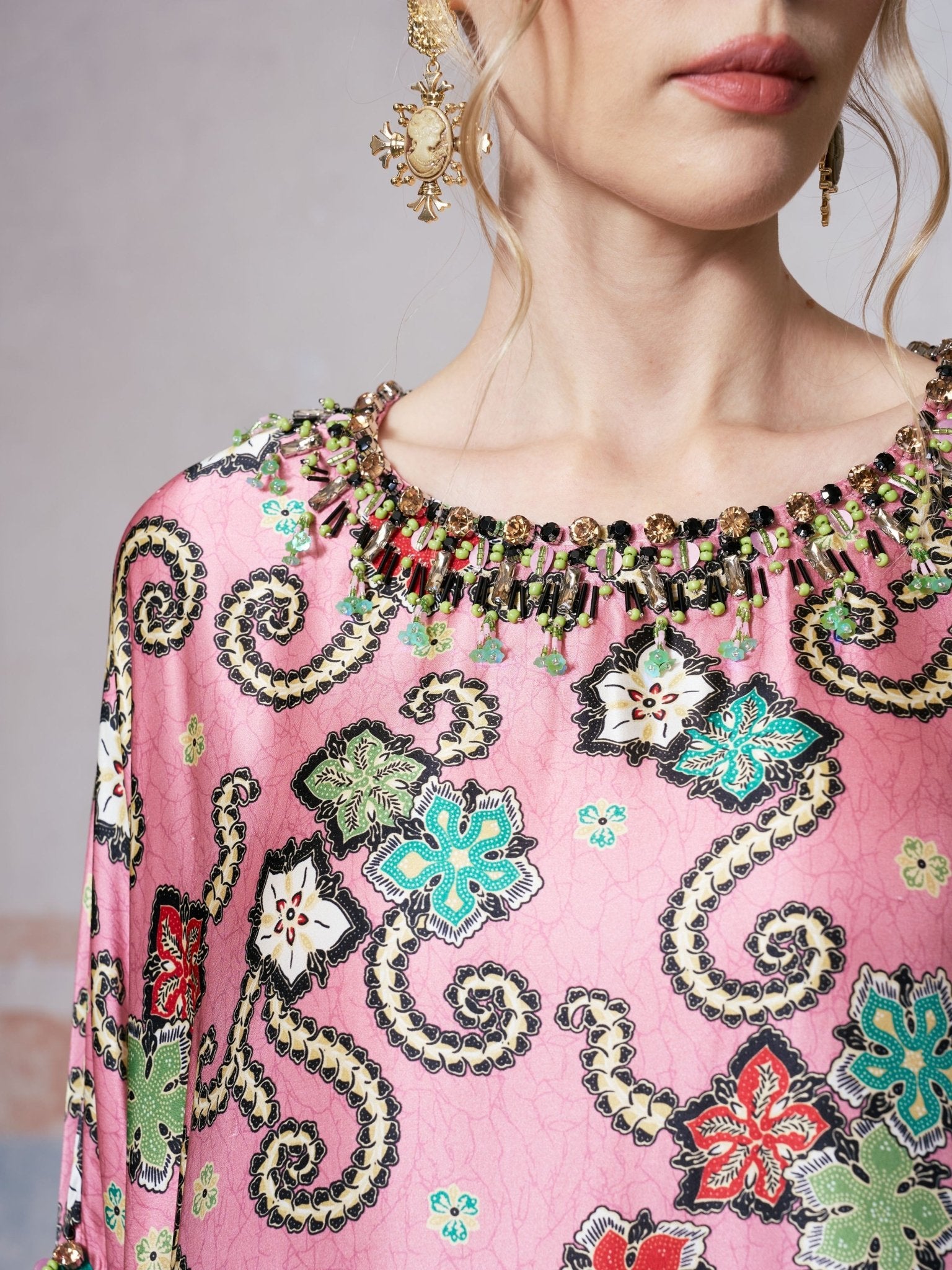 Beaded Printed Silk Kaftan Dress - Social Queen