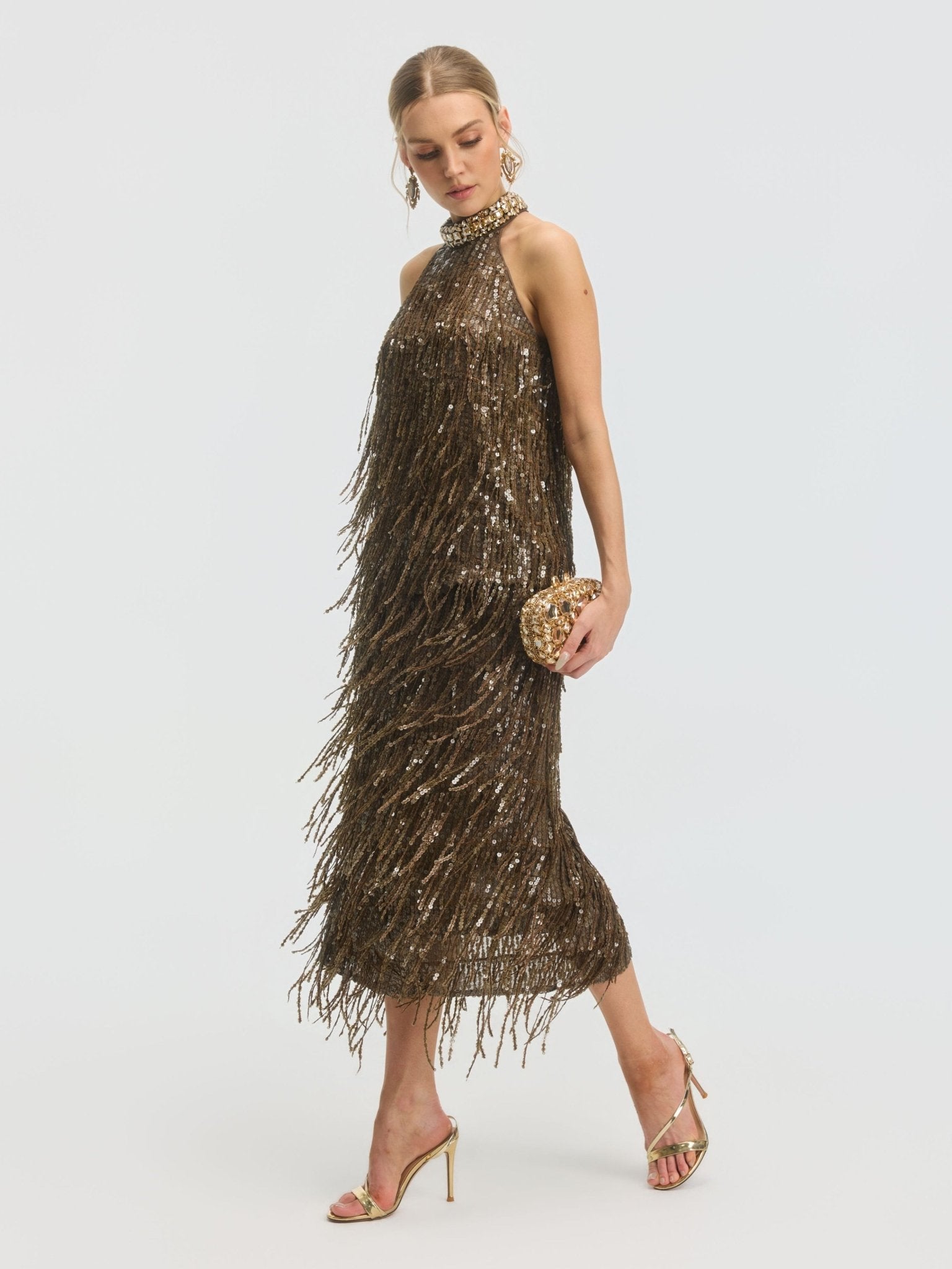 Beaded Sequin Fringe Halter Top - Social Queen