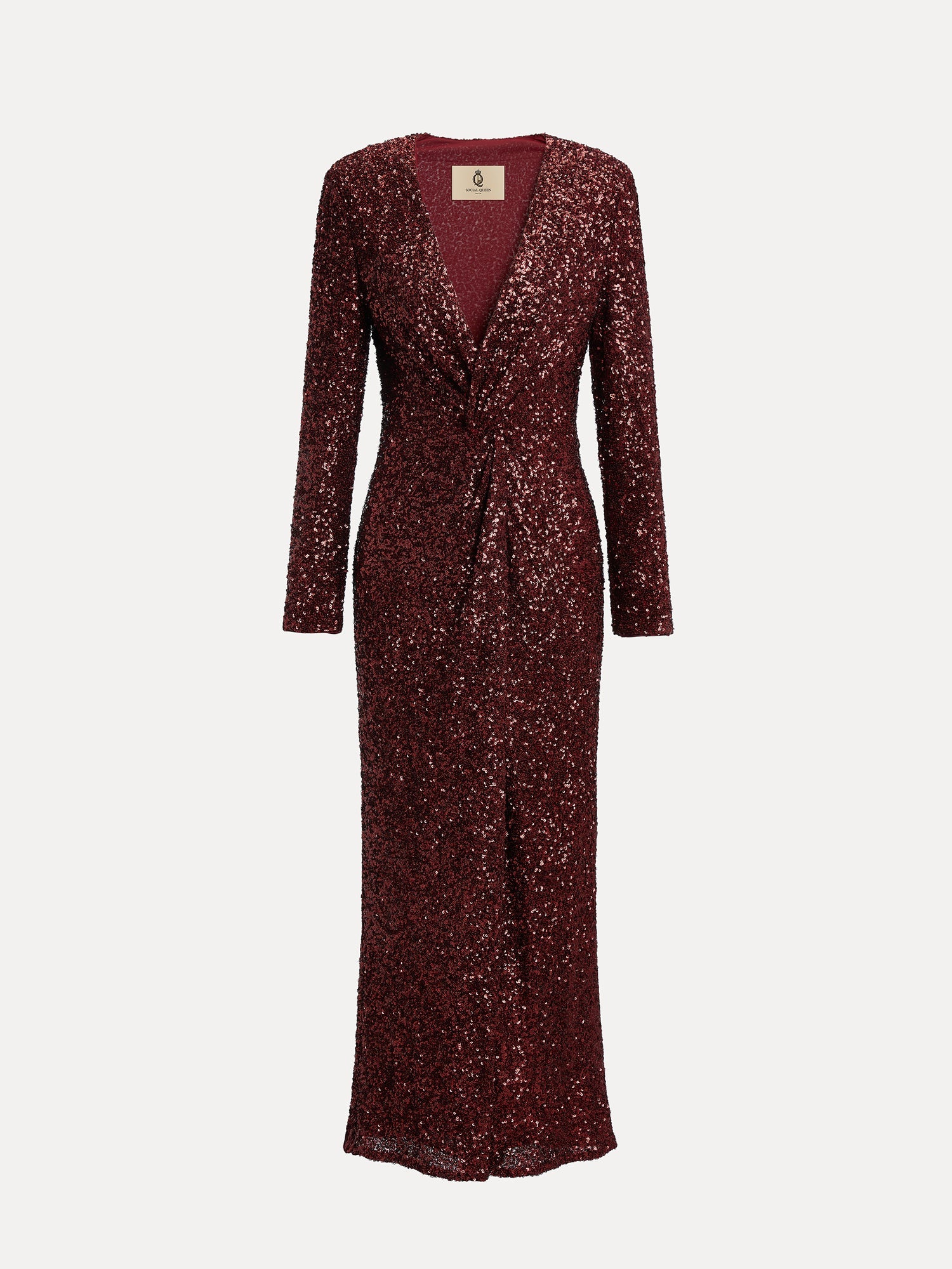 The Social Queen Burgundy Sequin V-Neck Slit Dress features long sleeves, a deep V-neck, ruched waist detail, and is shown on a plain white background.