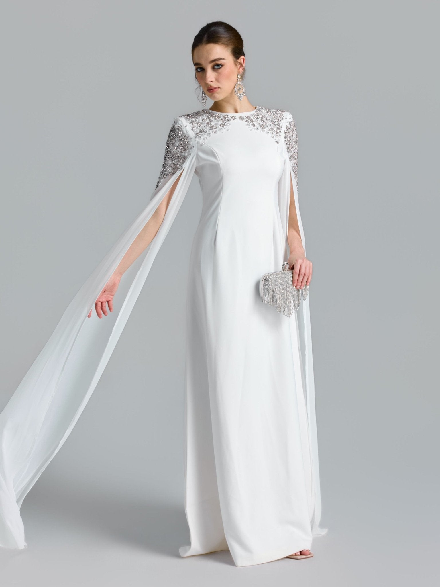 Crystal Cape Sleeve Evening Gown - Social Queen
