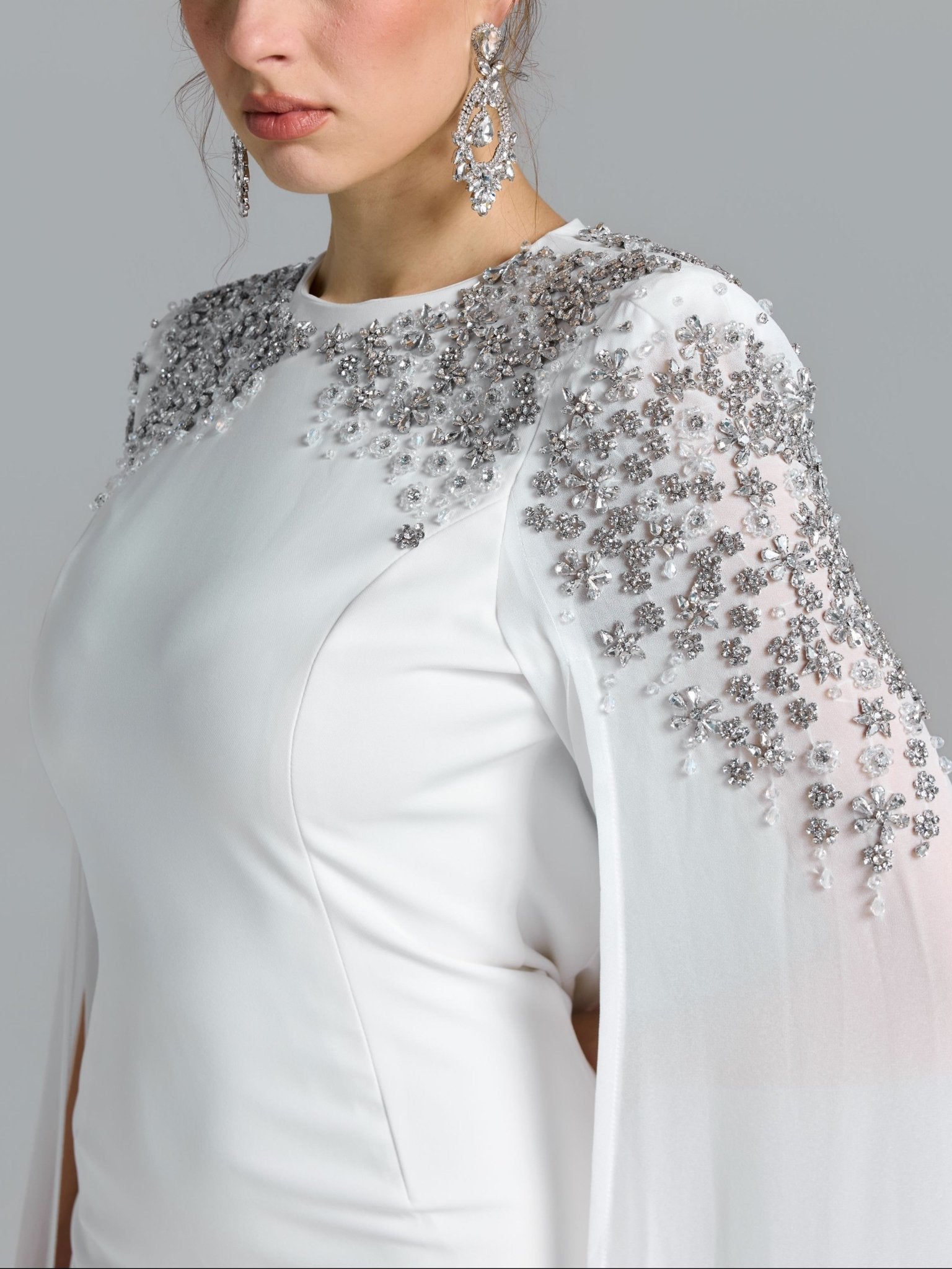 Crystal Cape Sleeve Evening Gown - Social Queen