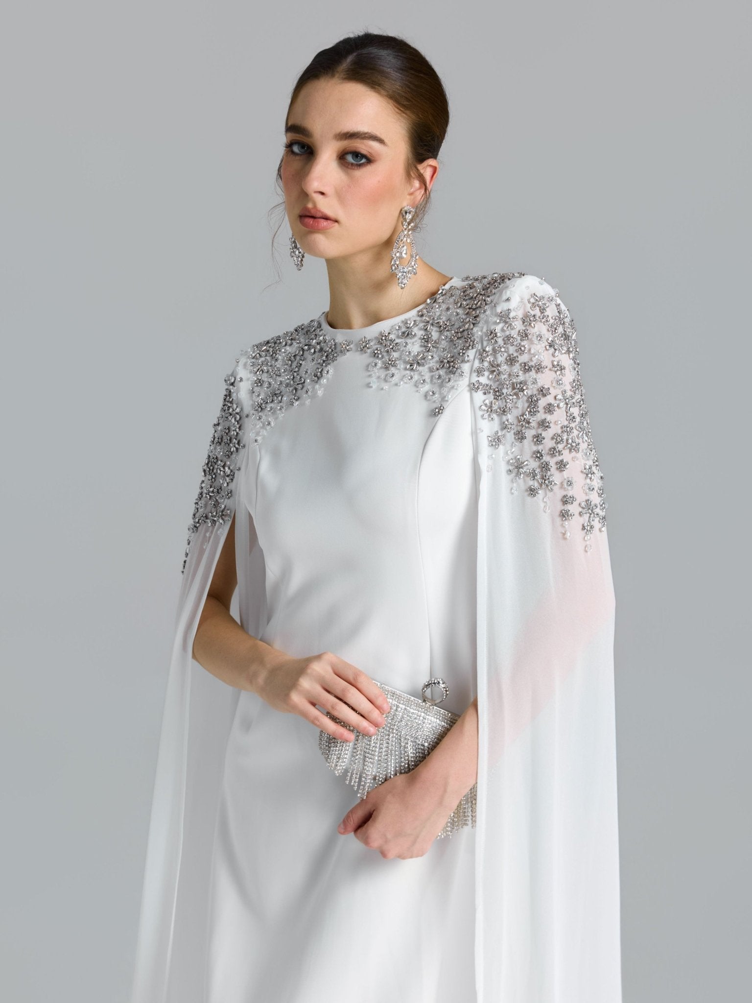 Crystal Cape Sleeve Evening Gown - Social Queen