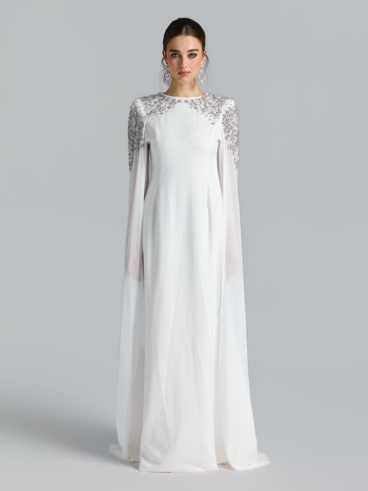 Crystal Cape Sleeve Evening Gown - Social Queen
