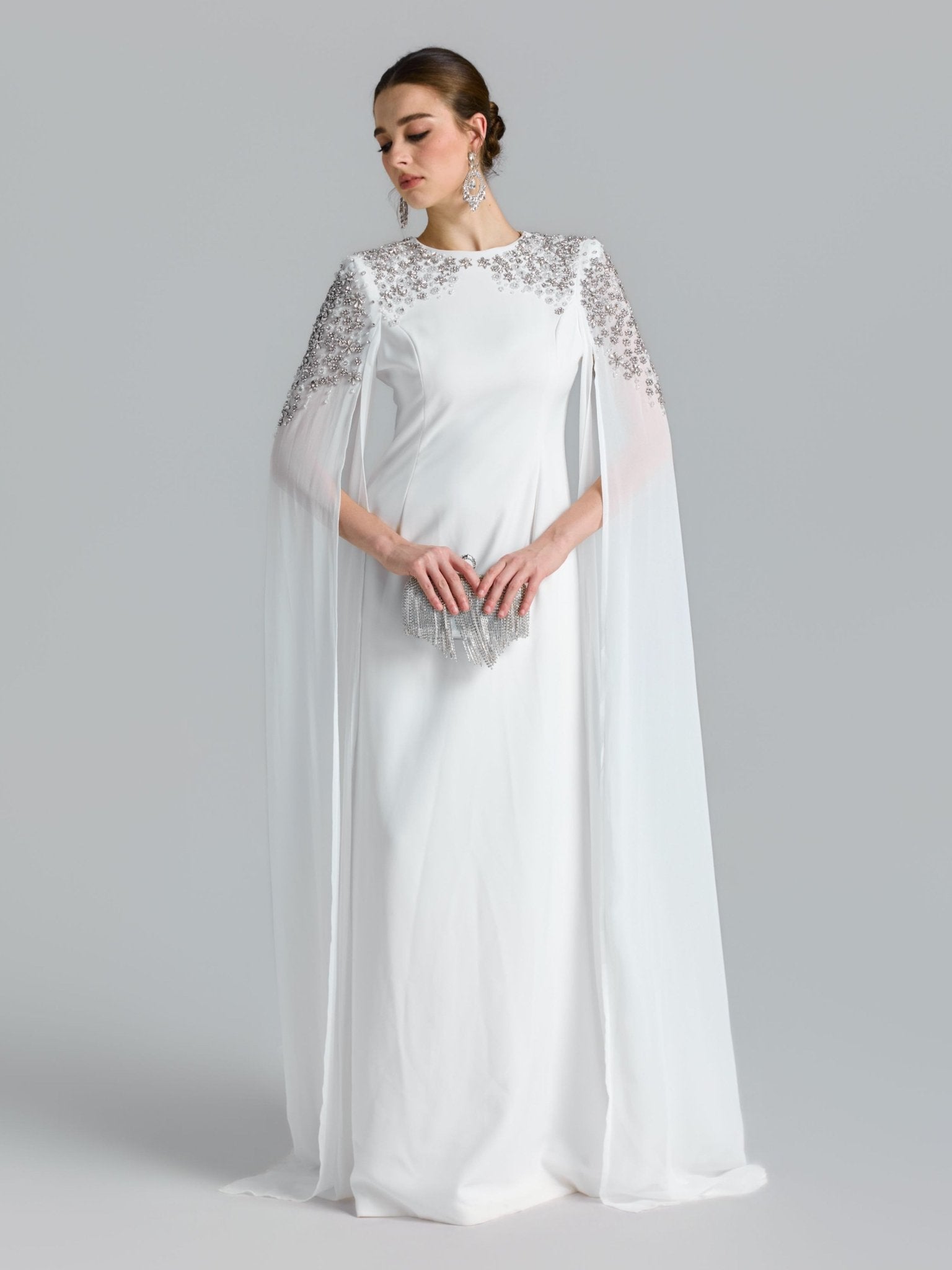 Crystal Cape Sleeve Evening Gown - Social Queen