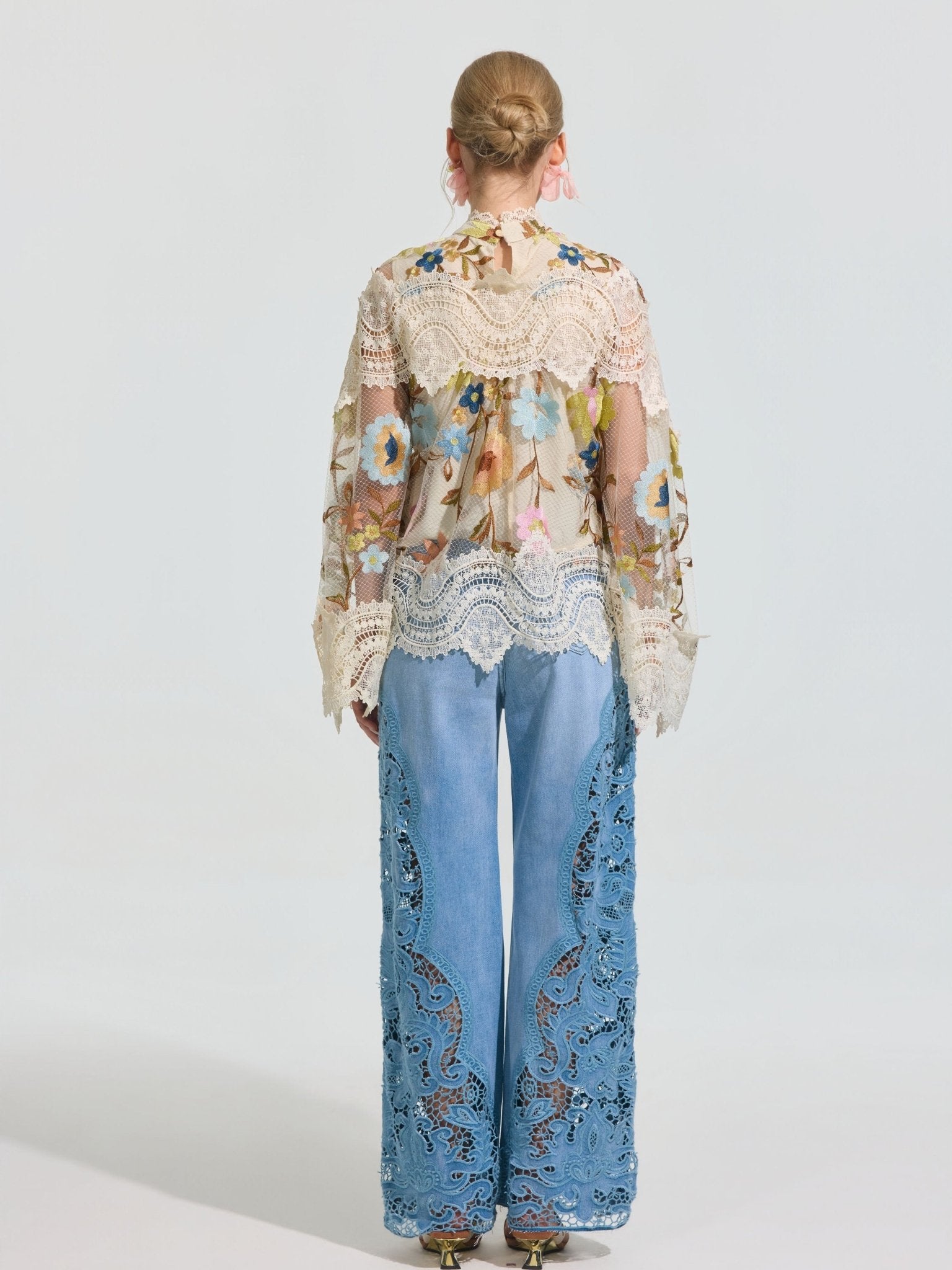 Cutwork Lace Wide-Leg Jeans - Social Queen