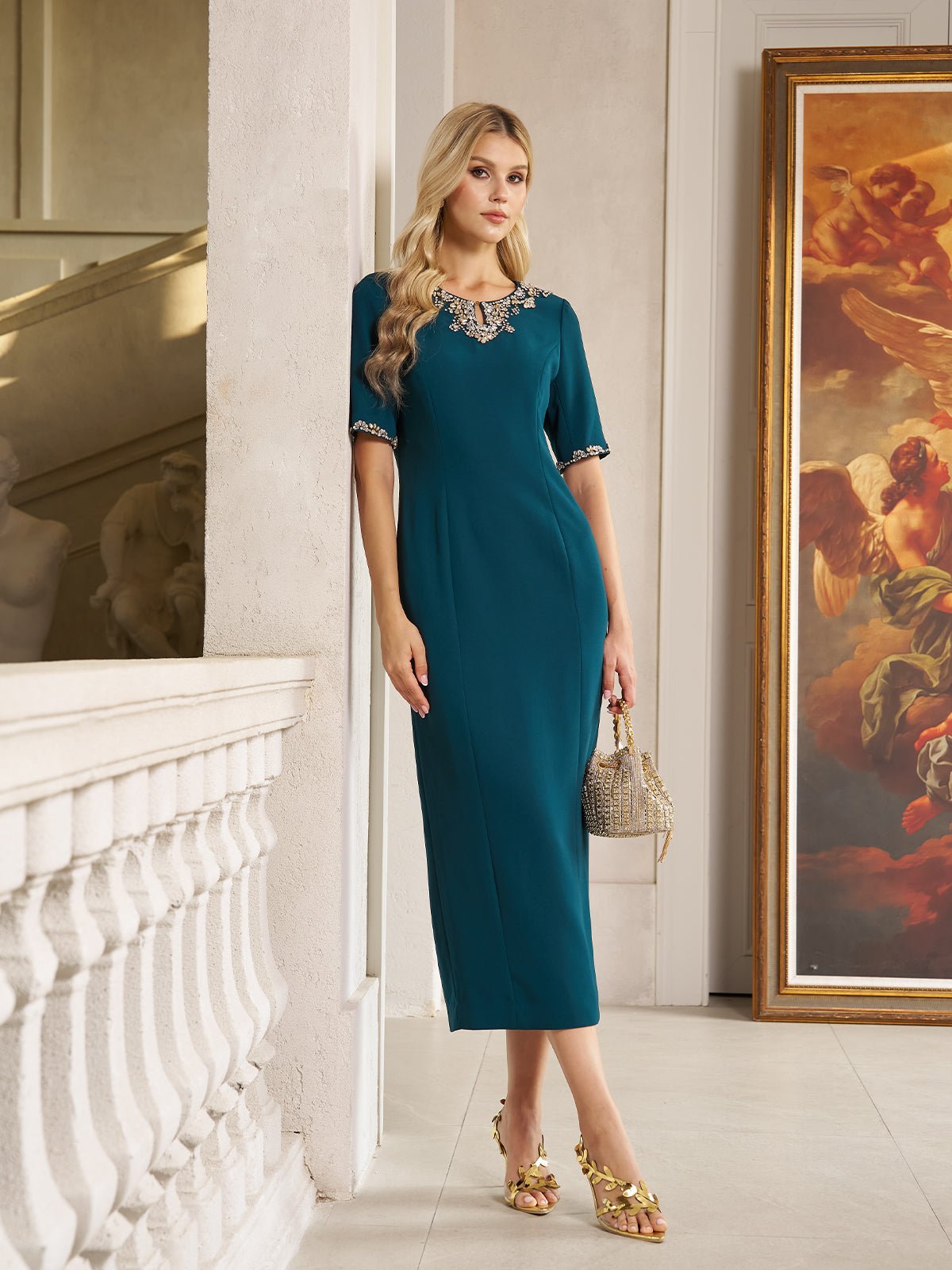 Elegant Rhinestone-Embellished Dress DARK GREEN / XL