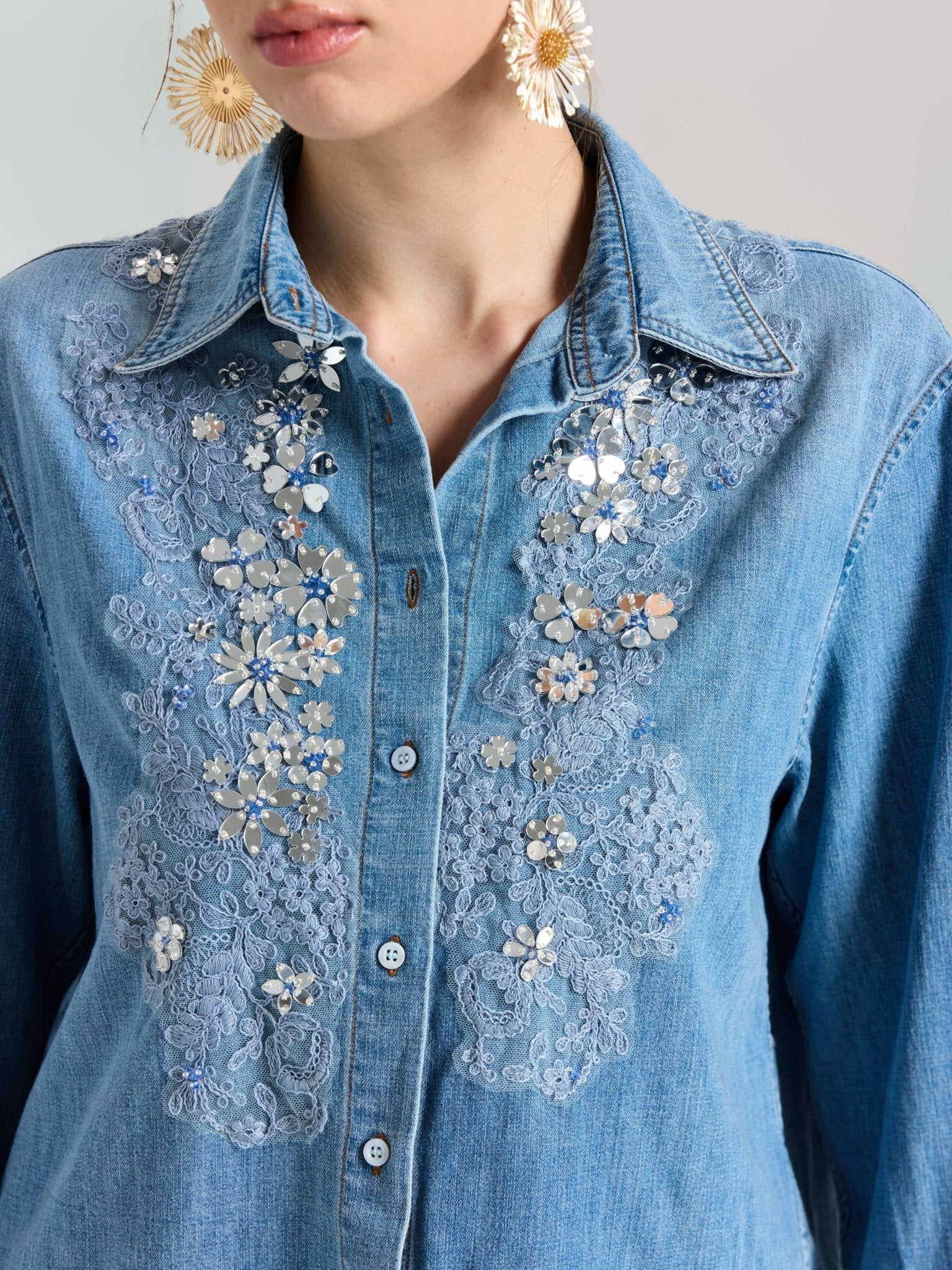 Embroidered Lace Denim Shirt - Social Queen