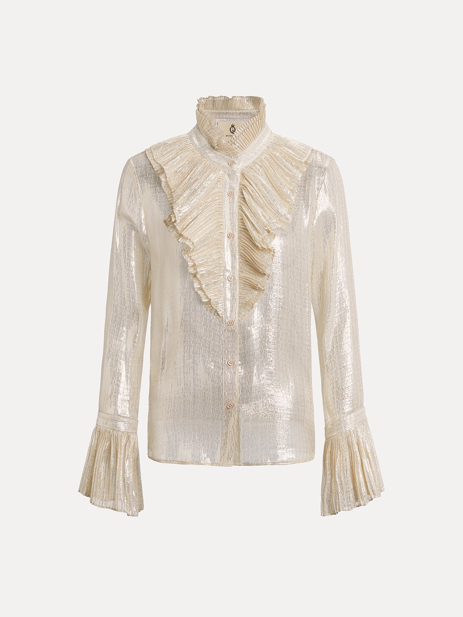 The Social Queen Ethereal Metallic Ruffle Silk Blouse features gold threads, a ruffled high collar, asymmetric front ruffle, and ruffled cuffs, shown on a plain white background.