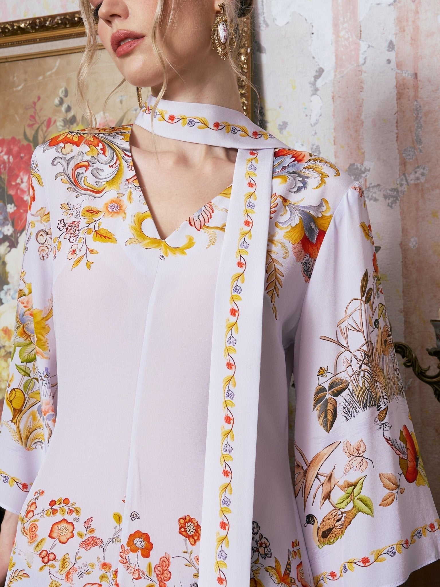 Floral Bird Print Silk Dress with Scarf - Social Queen