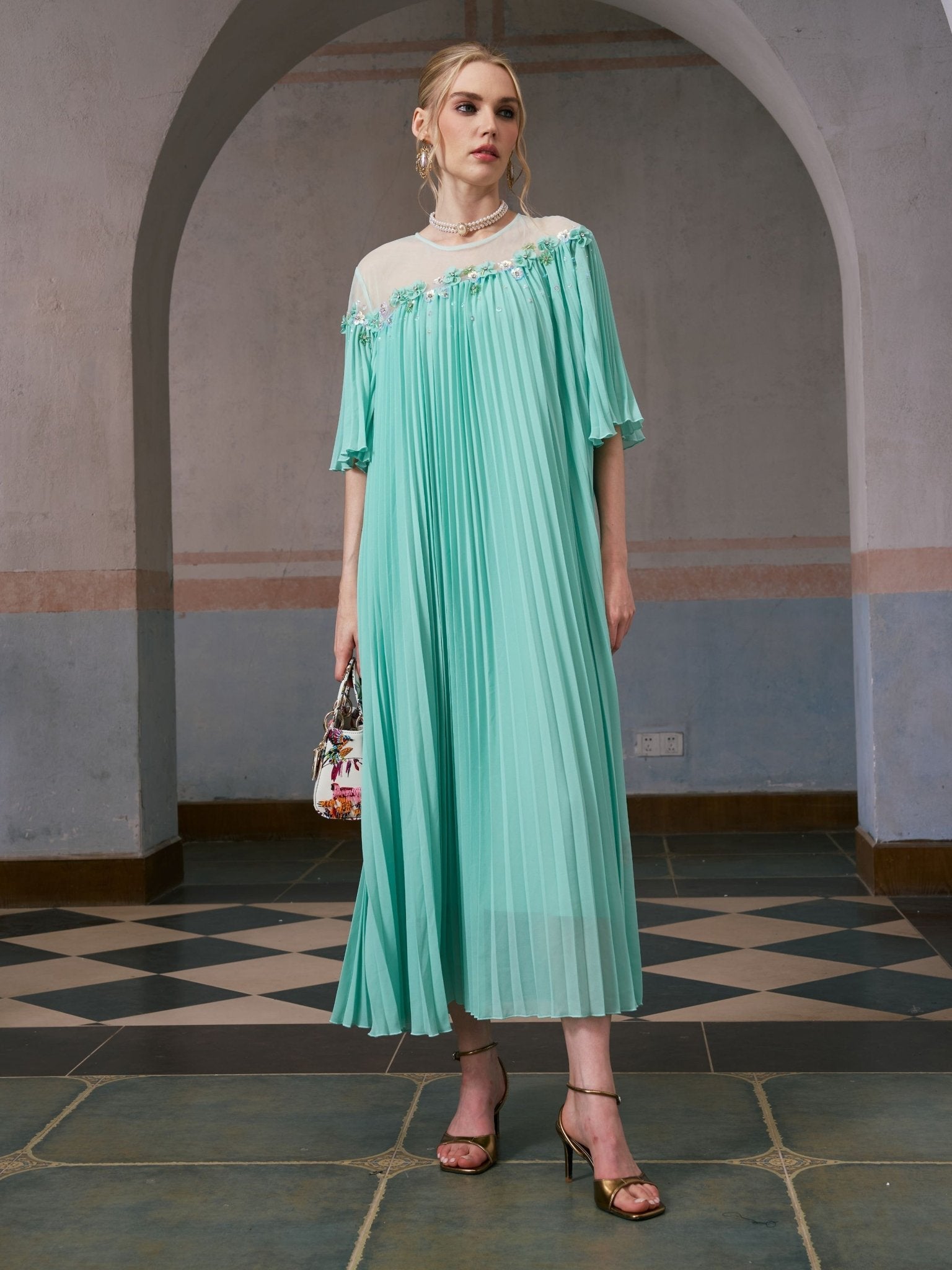 dress pleated designer 2019 Floral Embellishment Cumpleaños wore this fun sparkly Size:S3