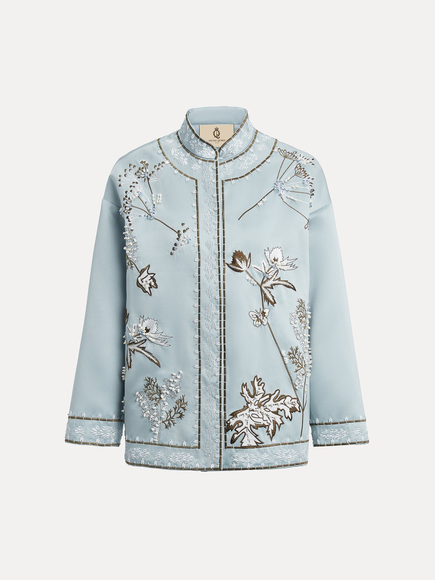The Social Queen Floral Embroidered Beaded Jacket features a light blue stand collar and hand-embroidered white and dark brown floral motifs on the front, sleeves, and collar, displayed against a plain background.