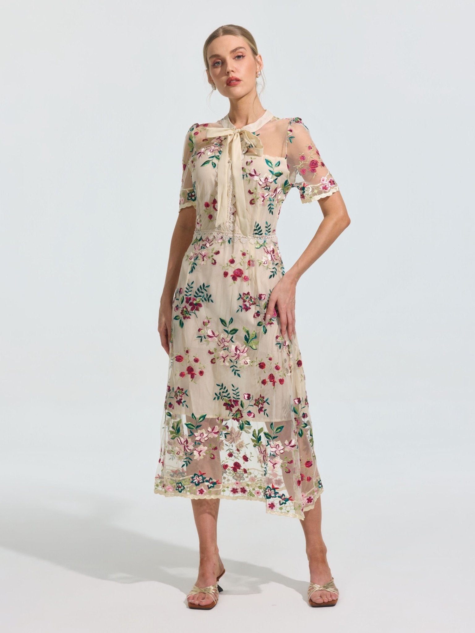 Floral Embroidered Bow-Tie Dress - Social Queen