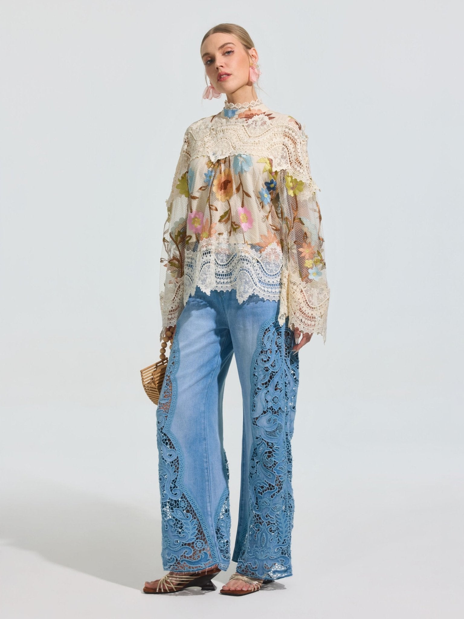 Floral Embroidered Lace Trim Top - Social Queen