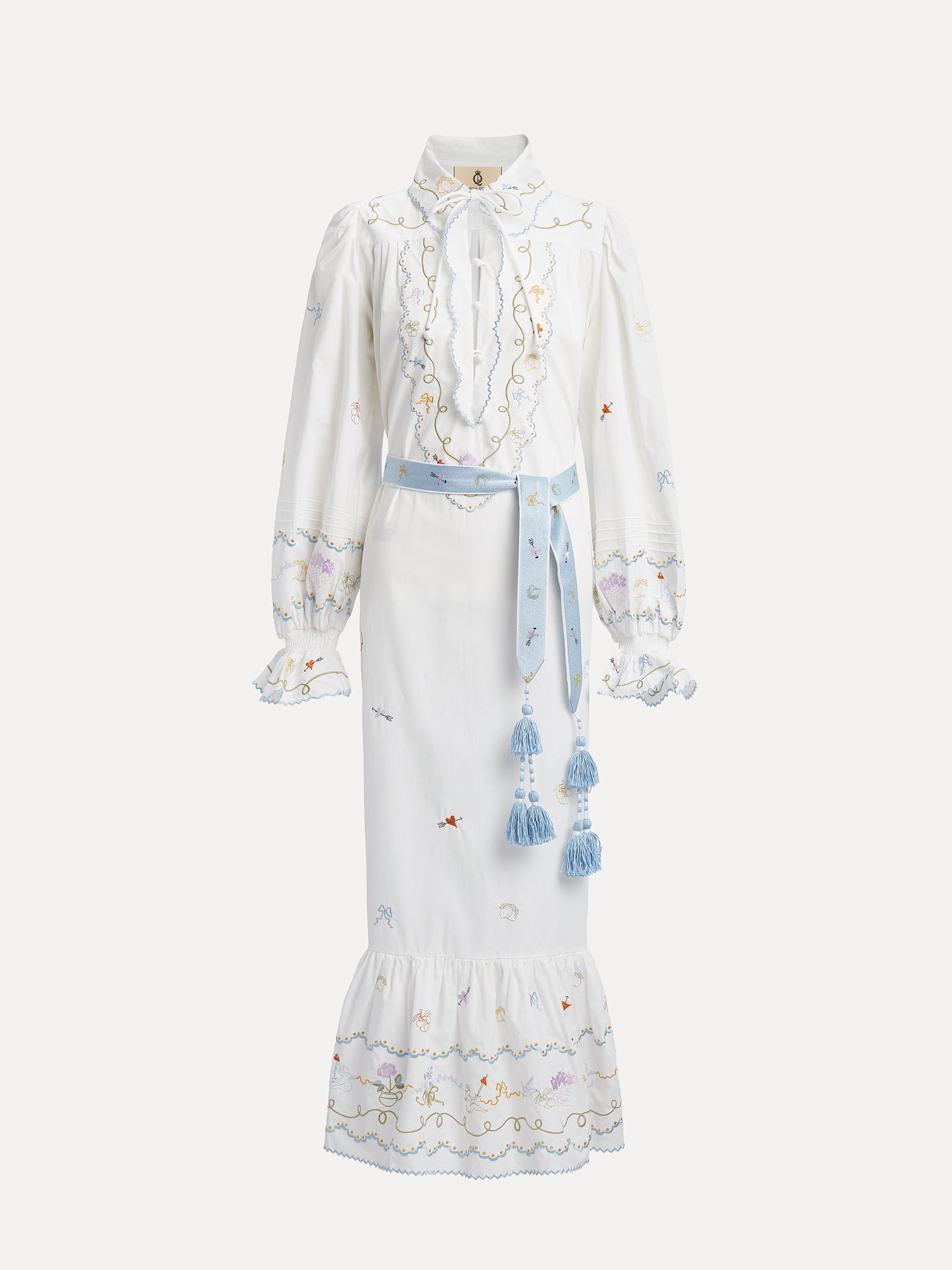 Social Queen's Floral Embroidered Lantern Sleeve Dress: a white, ankle-length piece with hand-embroidered florals, lantern sleeves, ruffled hem, and a light blue tassel tie. High neck with bow adds summer sophistication.