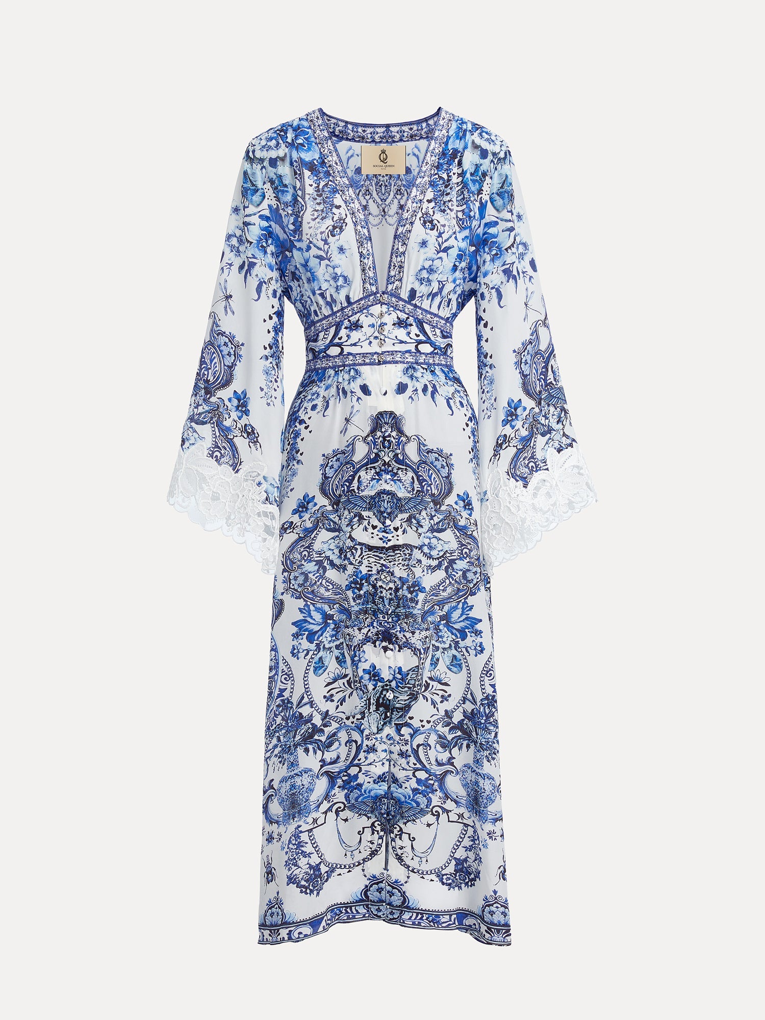 The Social Queen Floral Embroidered Lantern Sleeve Dress features blue and white florals, flared sleeves, lace trim, and intricate detailing, perfect for resort wear and shown on a plain background.