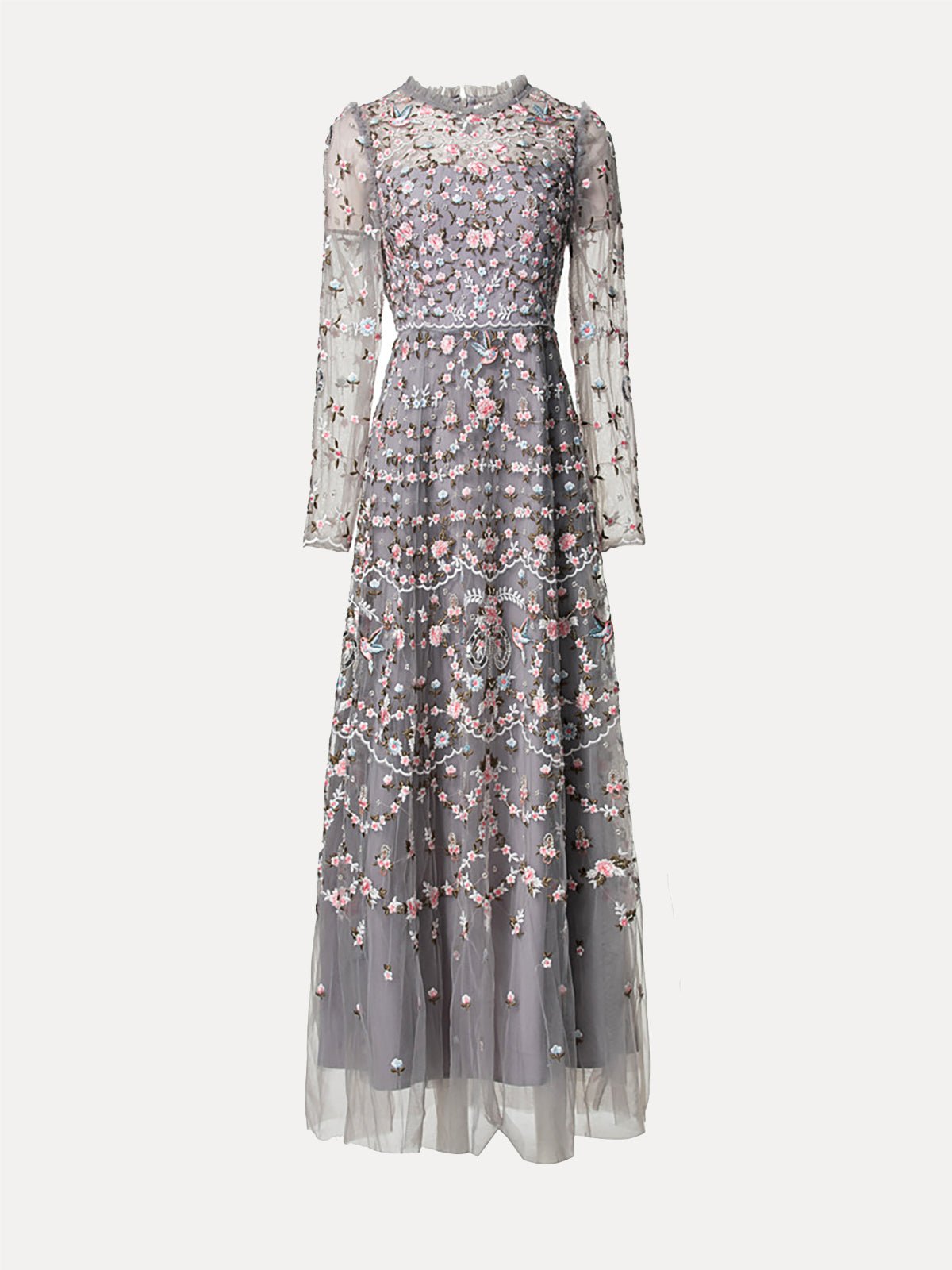 The Social Queen Floral Embroidered Mesh Dress features sheer, long sleeves and delicate pink, blue, and white floral embroidery—an enchanting choice for wedding guests.