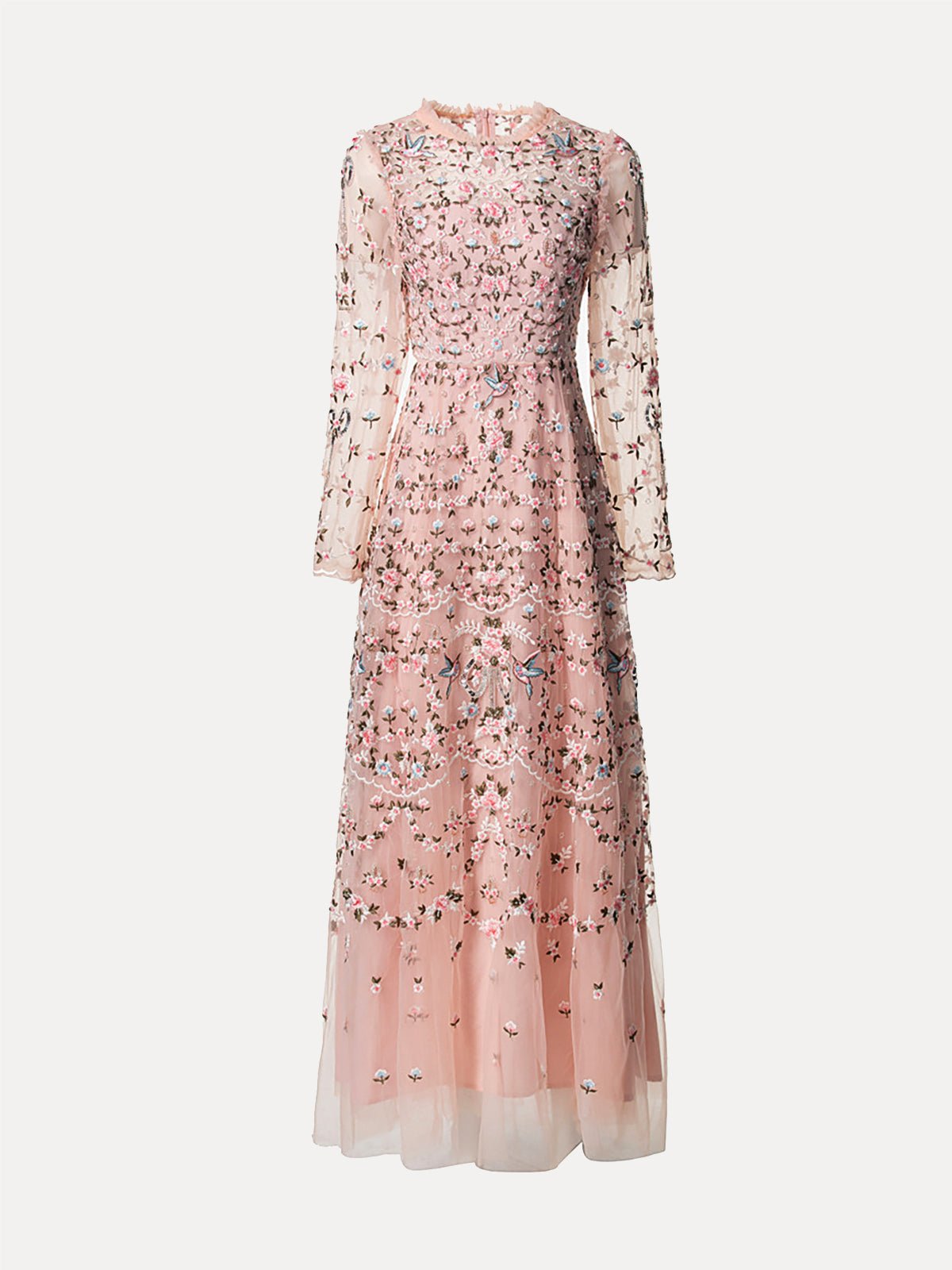 The Social Queen Floral Embroidered Mesh Dress features long sleeves, a floor-length pink design with floral embroidery, sheer overlay, and delicate tulle panels—ideal as an elegant wedding guest dress.