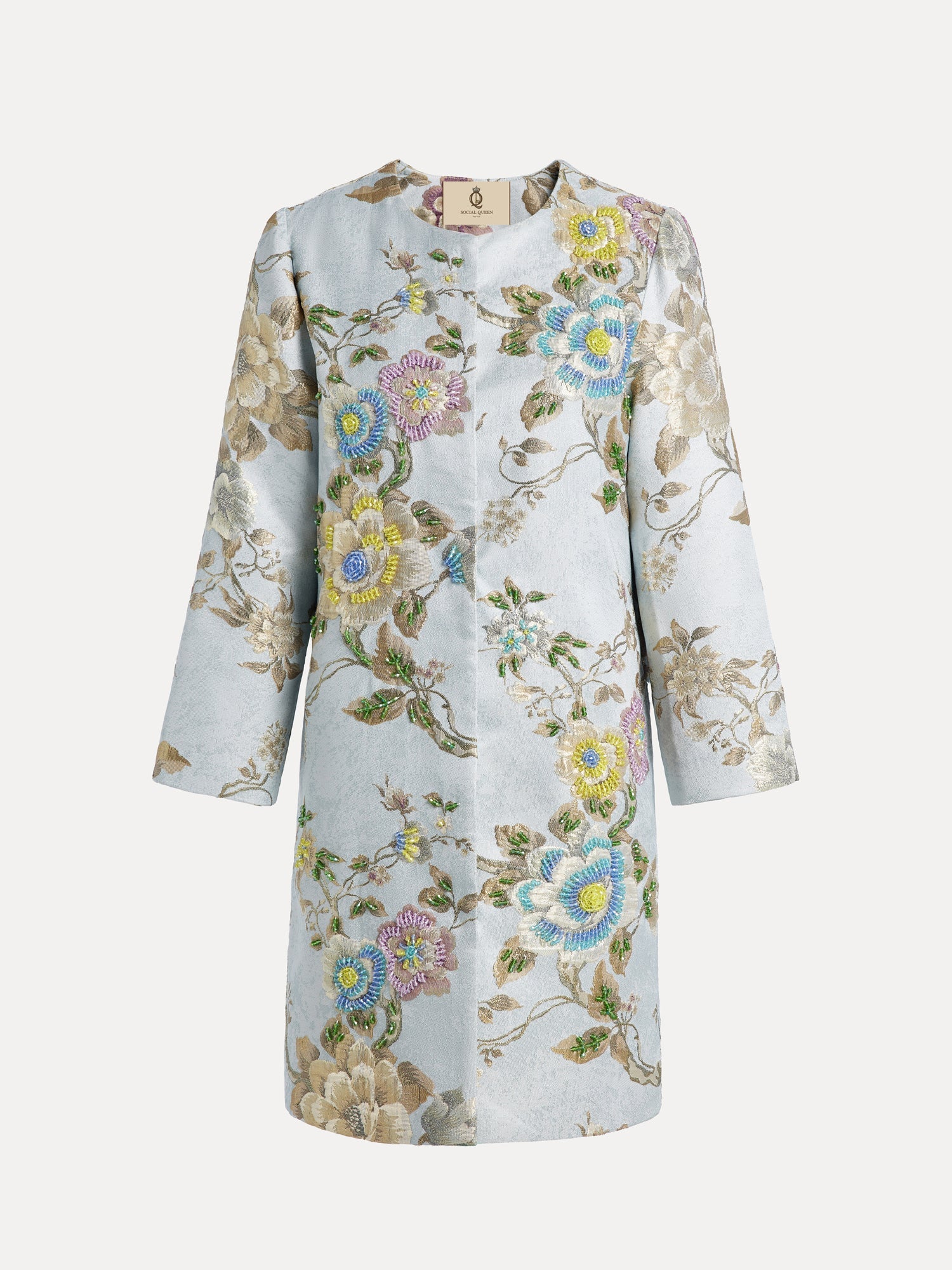 The Social Queen Floral Embroidered Silk Jacquard Jacket is knee-length with long sleeves, silver base, and light blue floral embroidery, shown on a white background.