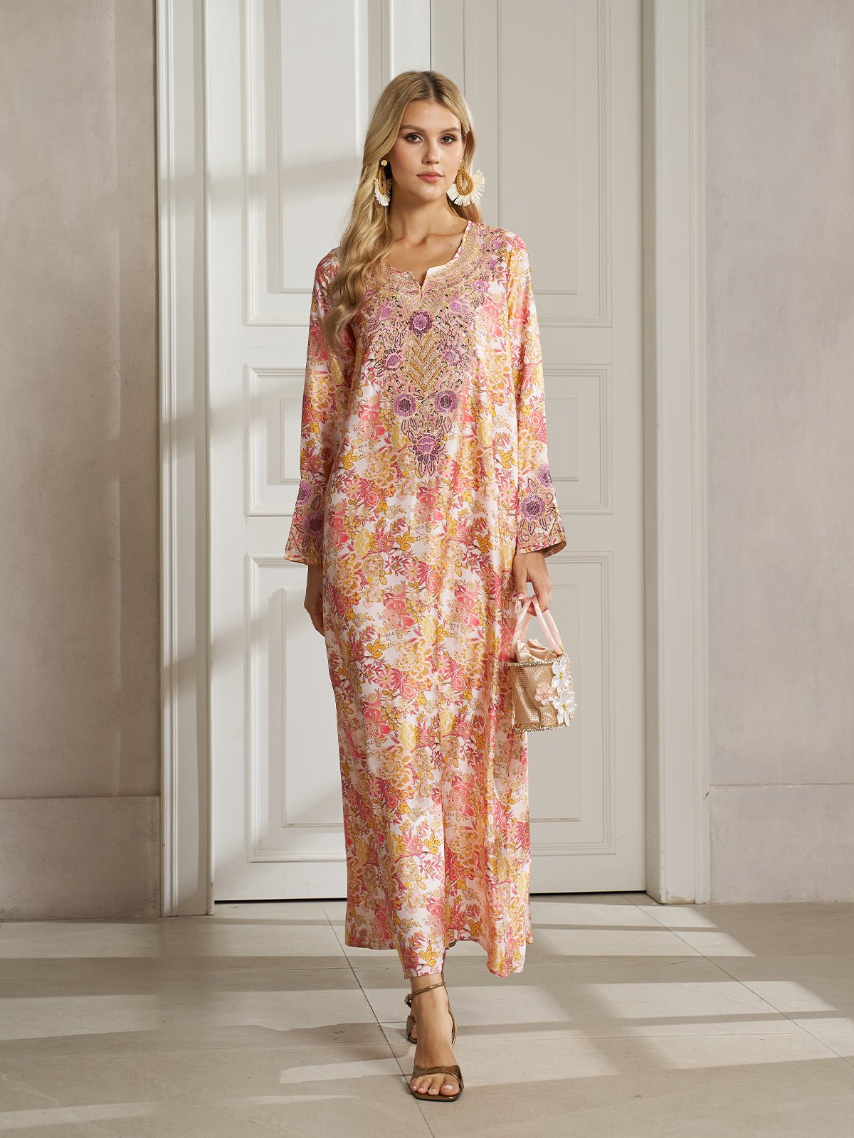 Floral Print Beaded Dress PINK / M