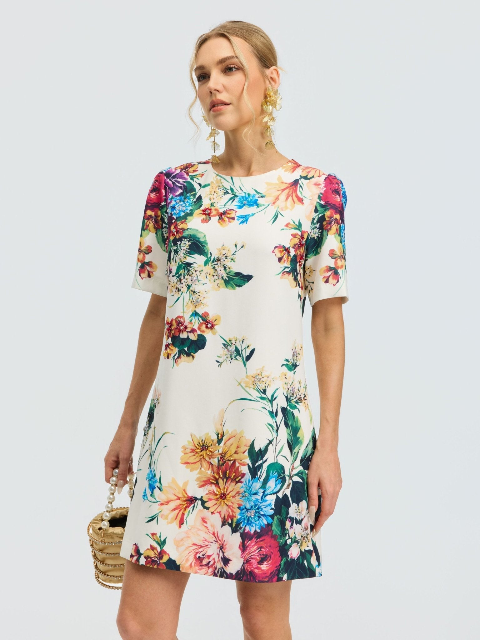 Floral Print Beaded Mini Dress - Social Queen
