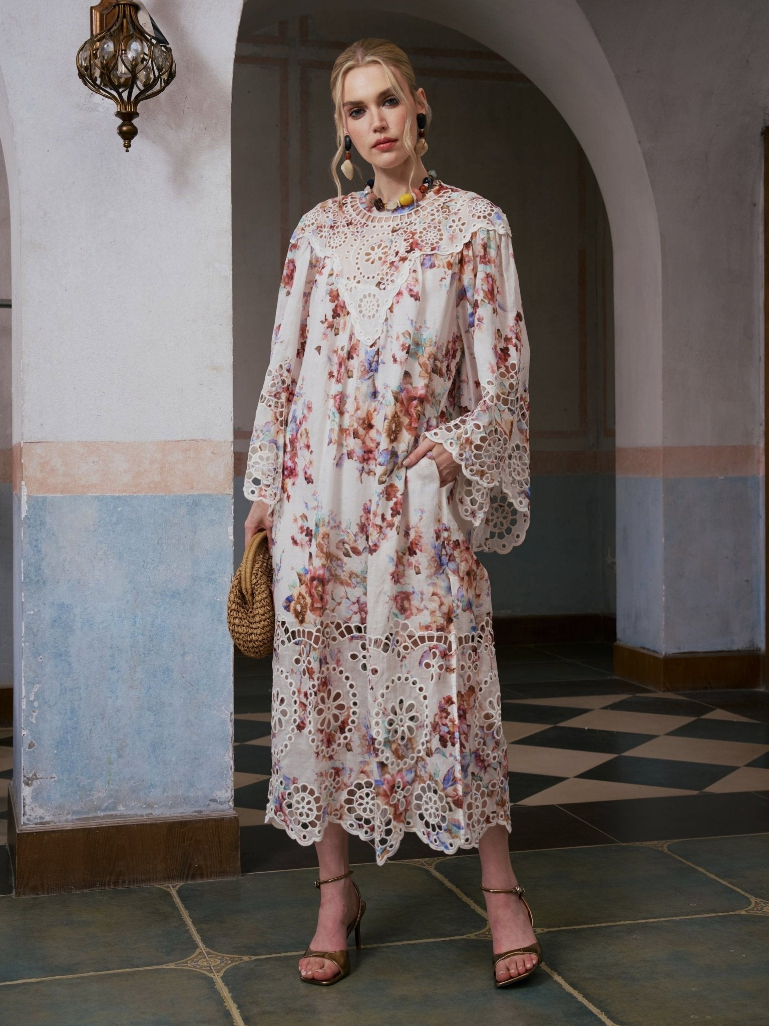 Floral Print Cutwork Linen Dress - Social Queen