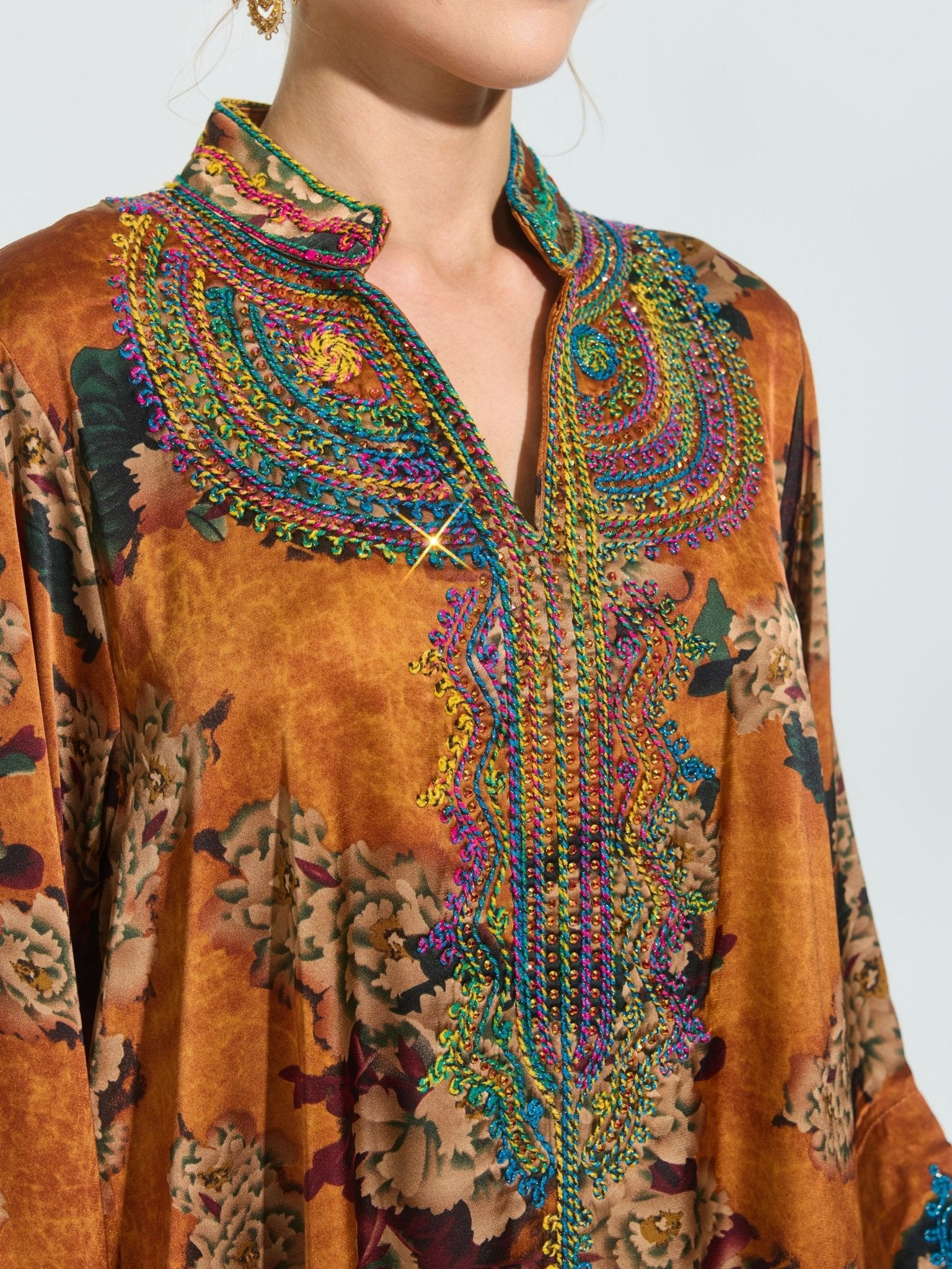 Floral Print Embroidered Satin Dress - Social Queen